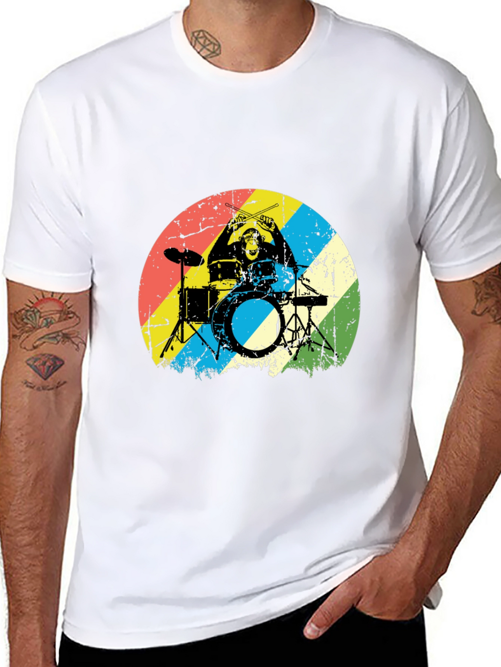 Monkey Drummer Graphic Tee - Retro Style Black T-Shirt