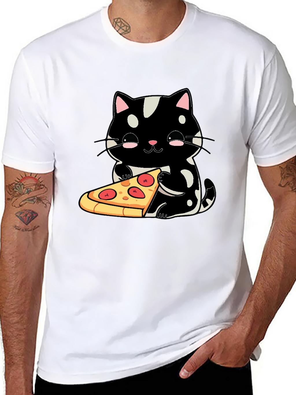 Cute Cat Pizza Graphic Tee - Black Cotton T-Shirt