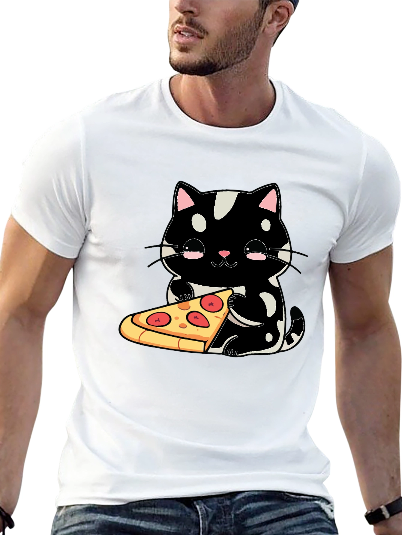 Cute Cat Pizza Graphic Tee - Black Cotton T-Shirt