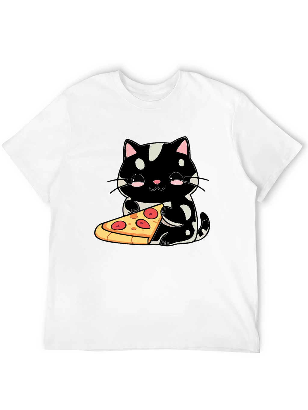 Cute Cat Pizza Graphic Tee - Black Cotton T-Shirt