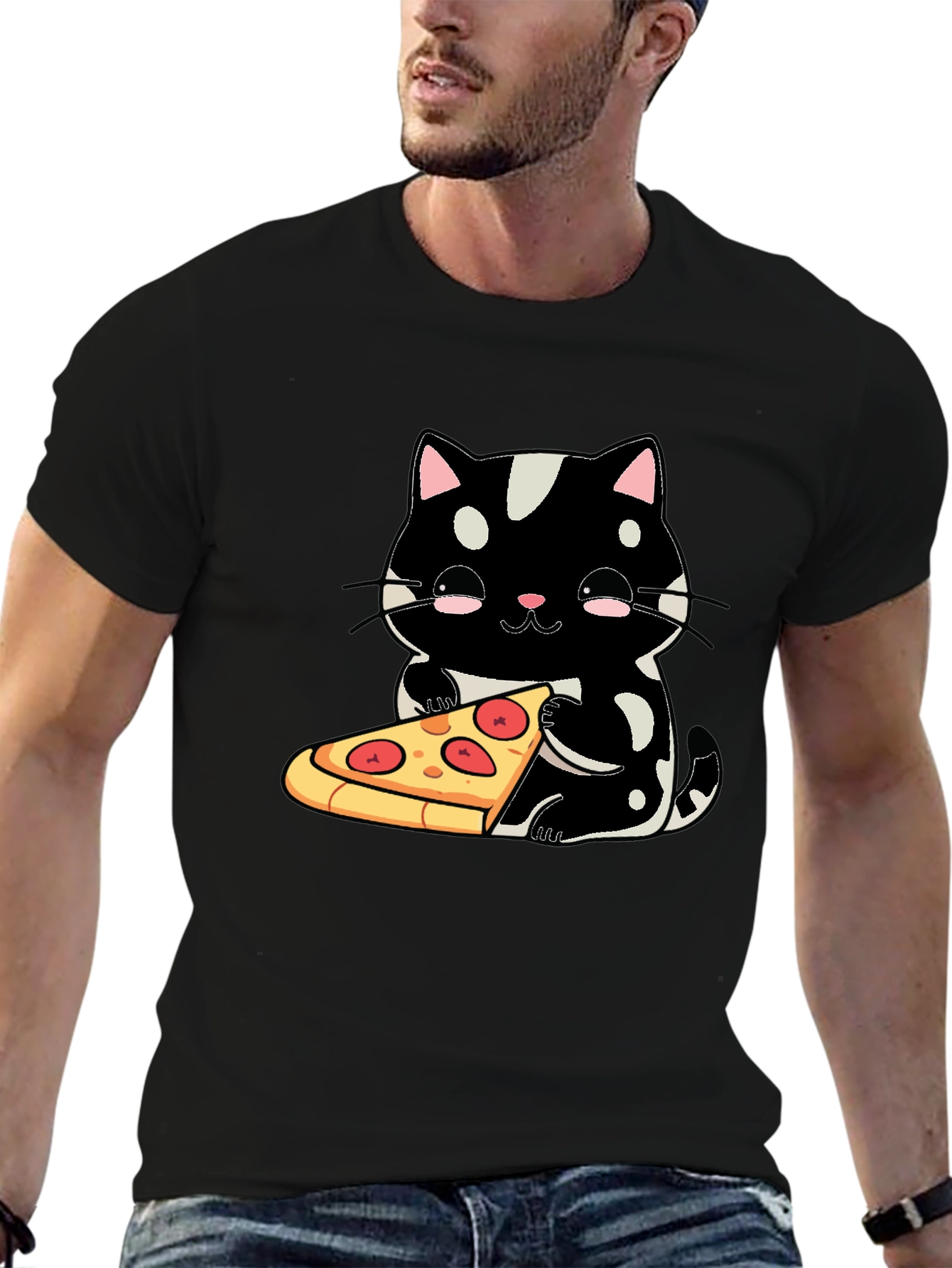 Cute Cat Pizza Graphic Tee - Black Cotton T-Shirt
