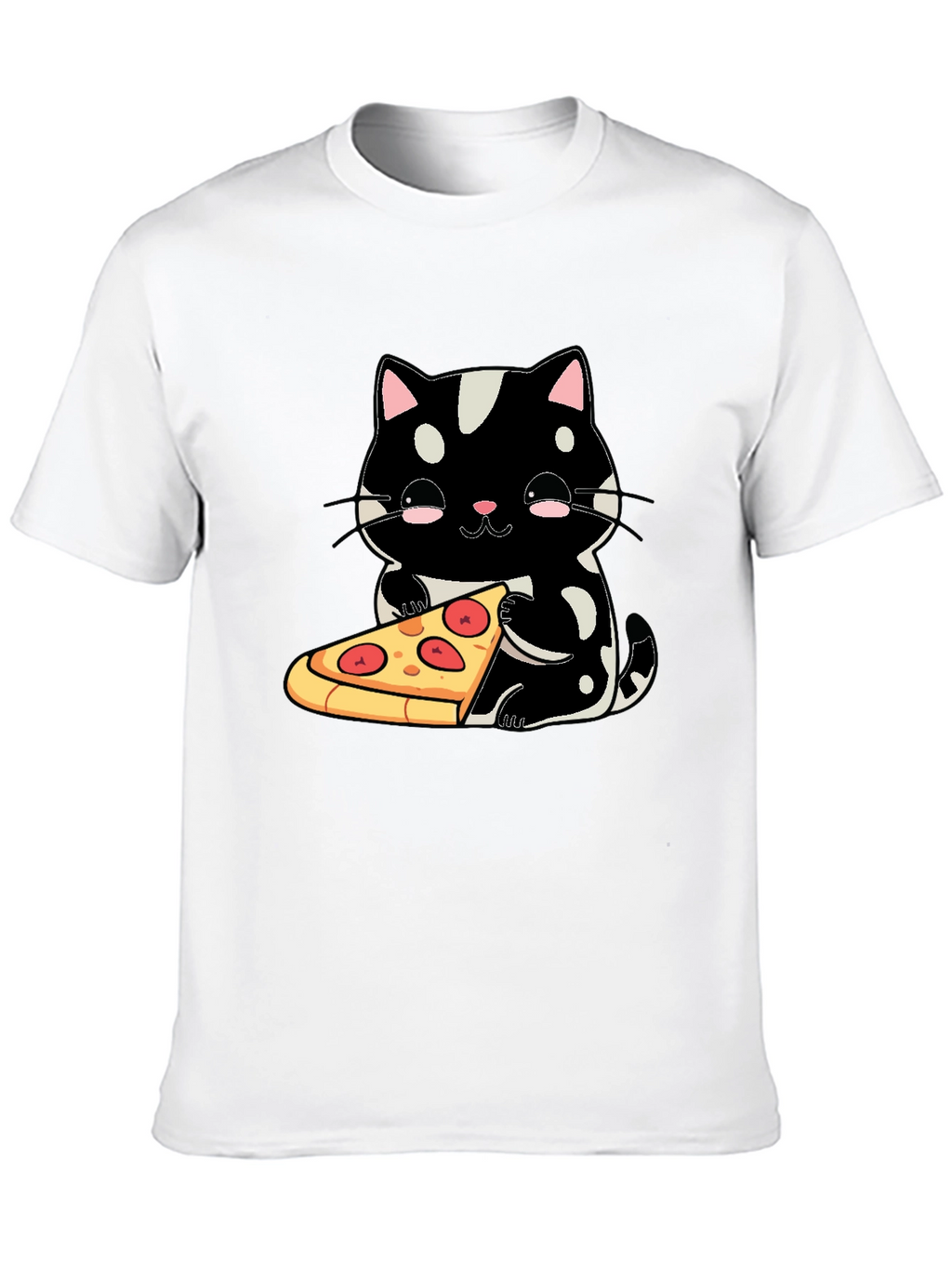 Cute Cat Pizza Graphic Tee - Black Cotton T-Shirt