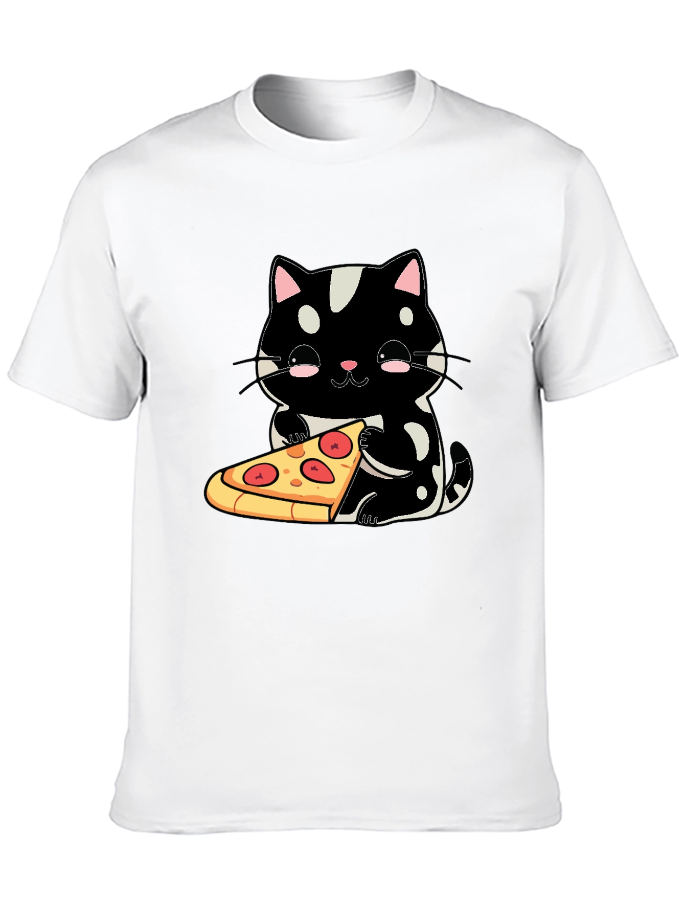 Cute Cat Pizza Graphic Tee - Black Cotton T-Shirt