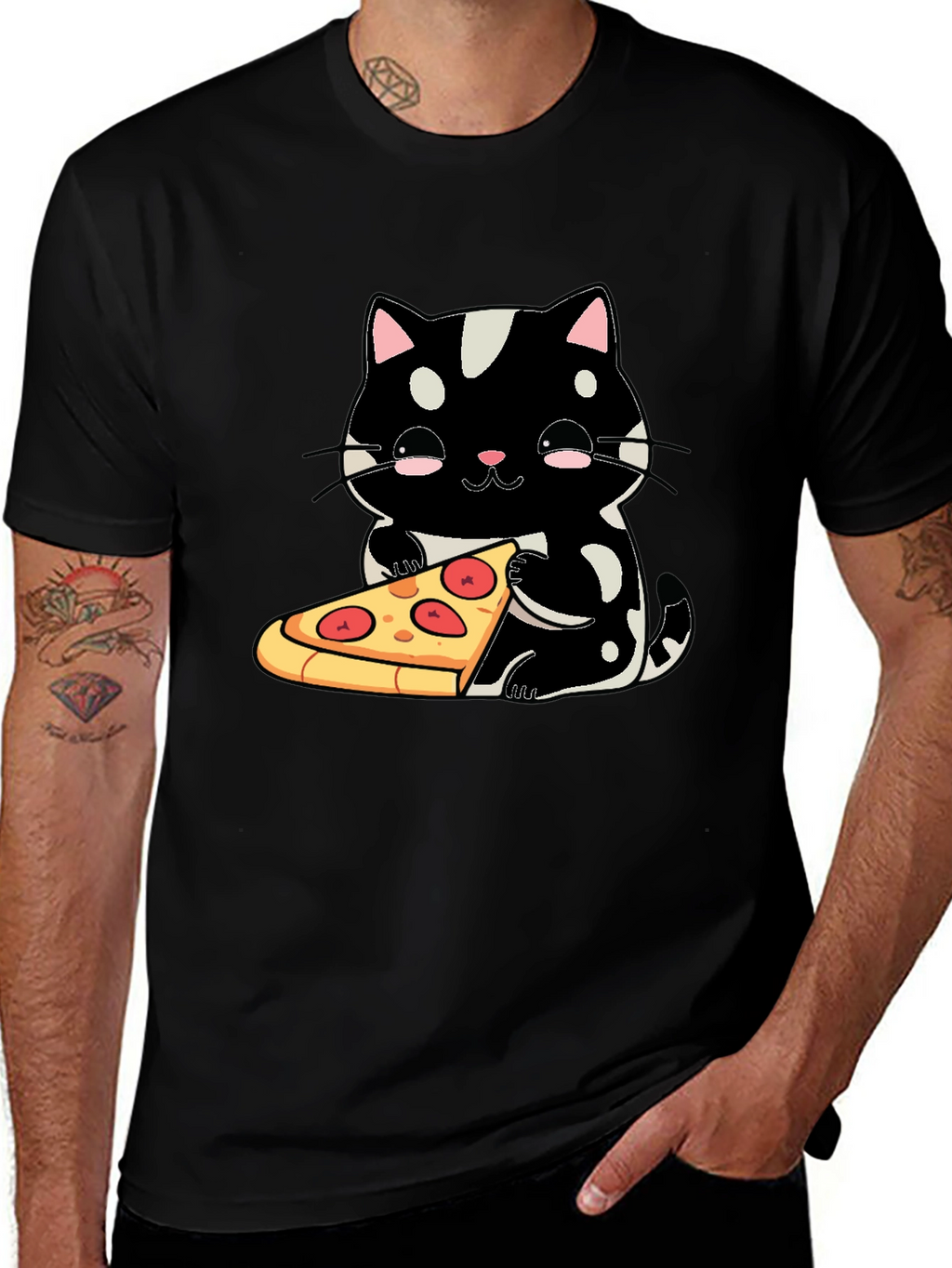 Cute Cat Pizza Graphic Tee - Black Cotton T-Shirt