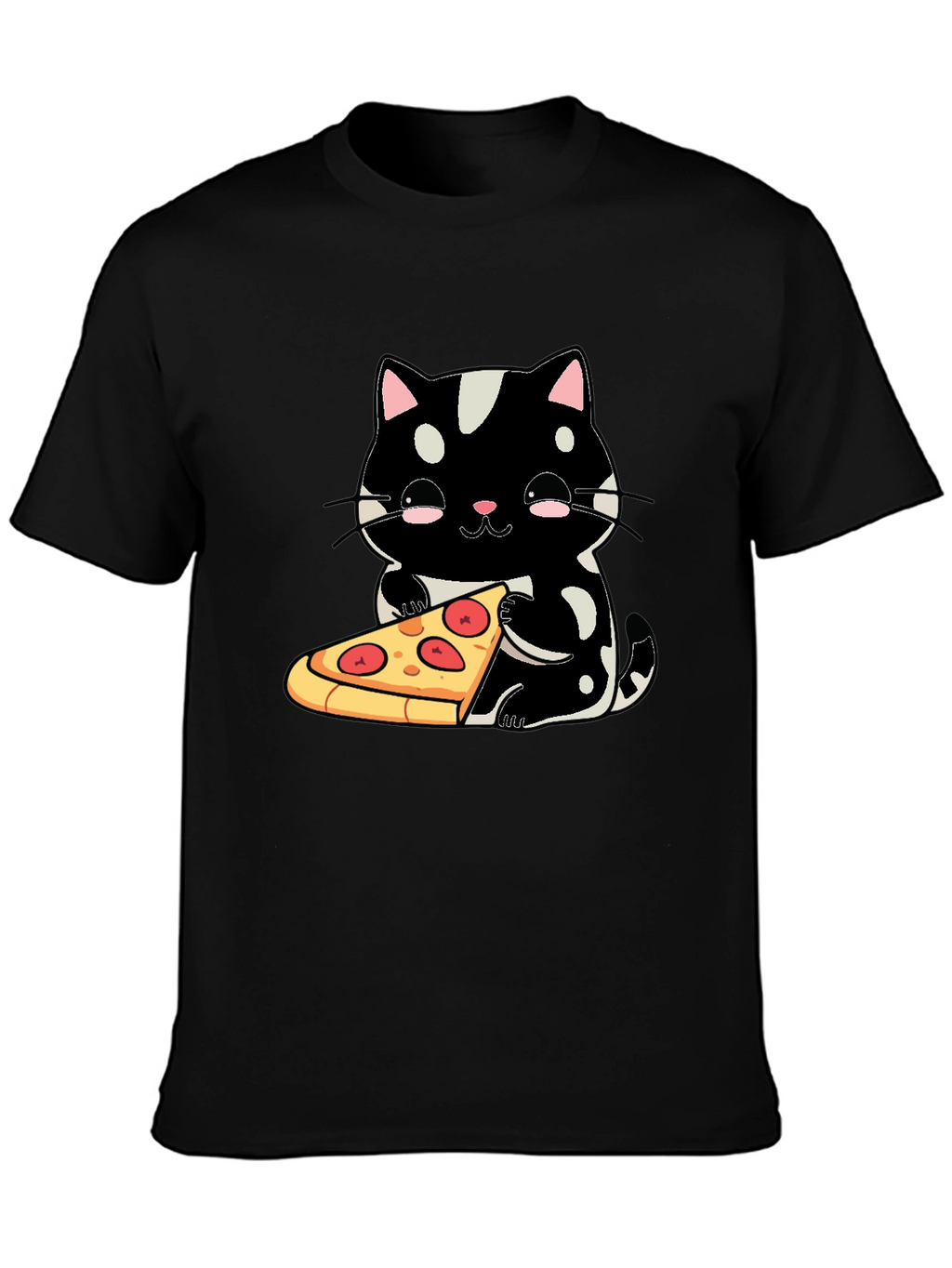 Cute Cat Pizza Graphic Tee - Black Cotton T-Shirt