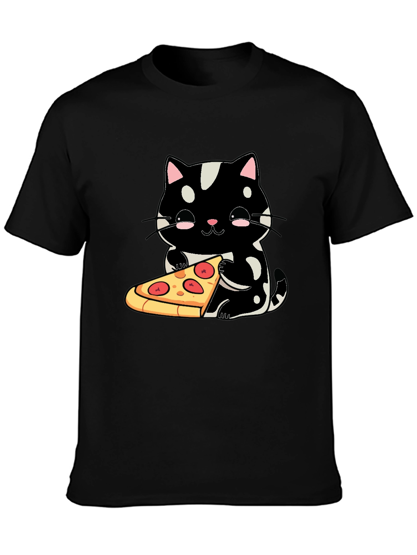 Cute Cat Pizza Graphic Tee - Black Cotton T-Shirt