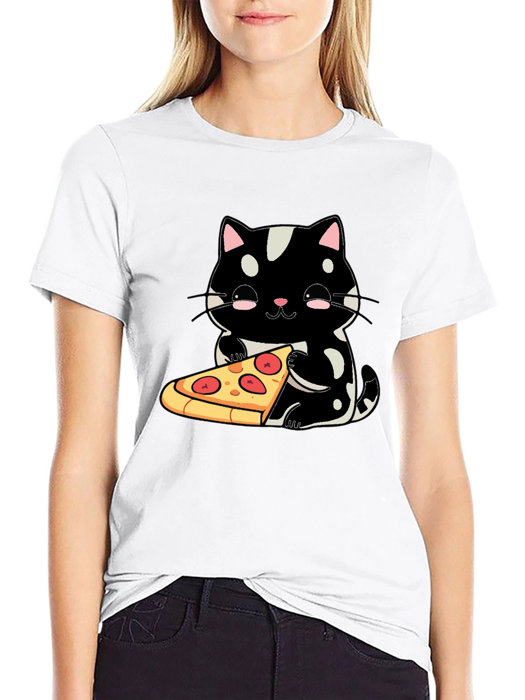 Cute Cat Pizza Graphic Tee - Black Cotton T-Shirt