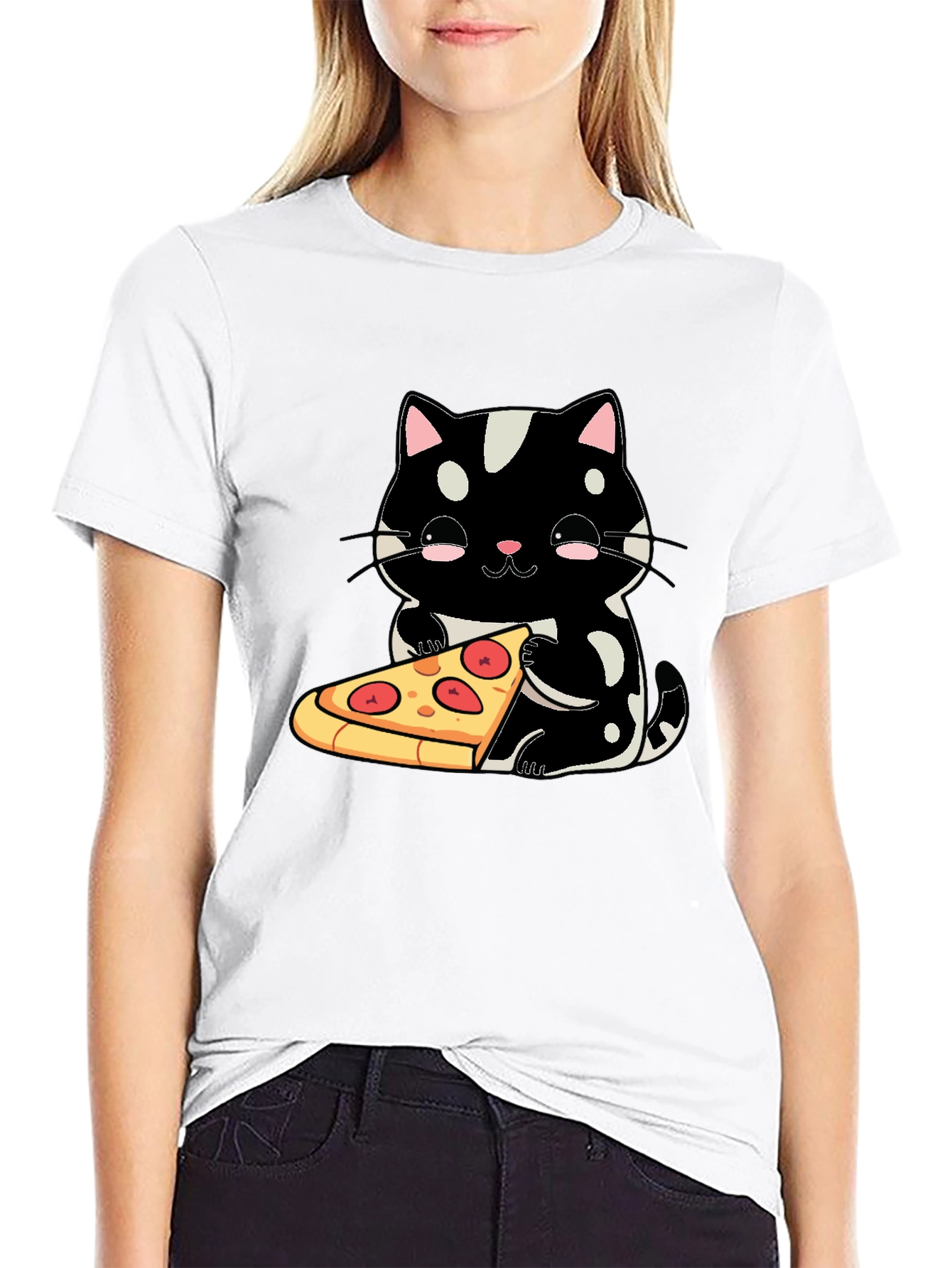 Cute Cat Pizza Graphic Tee - Black Cotton T-Shirt