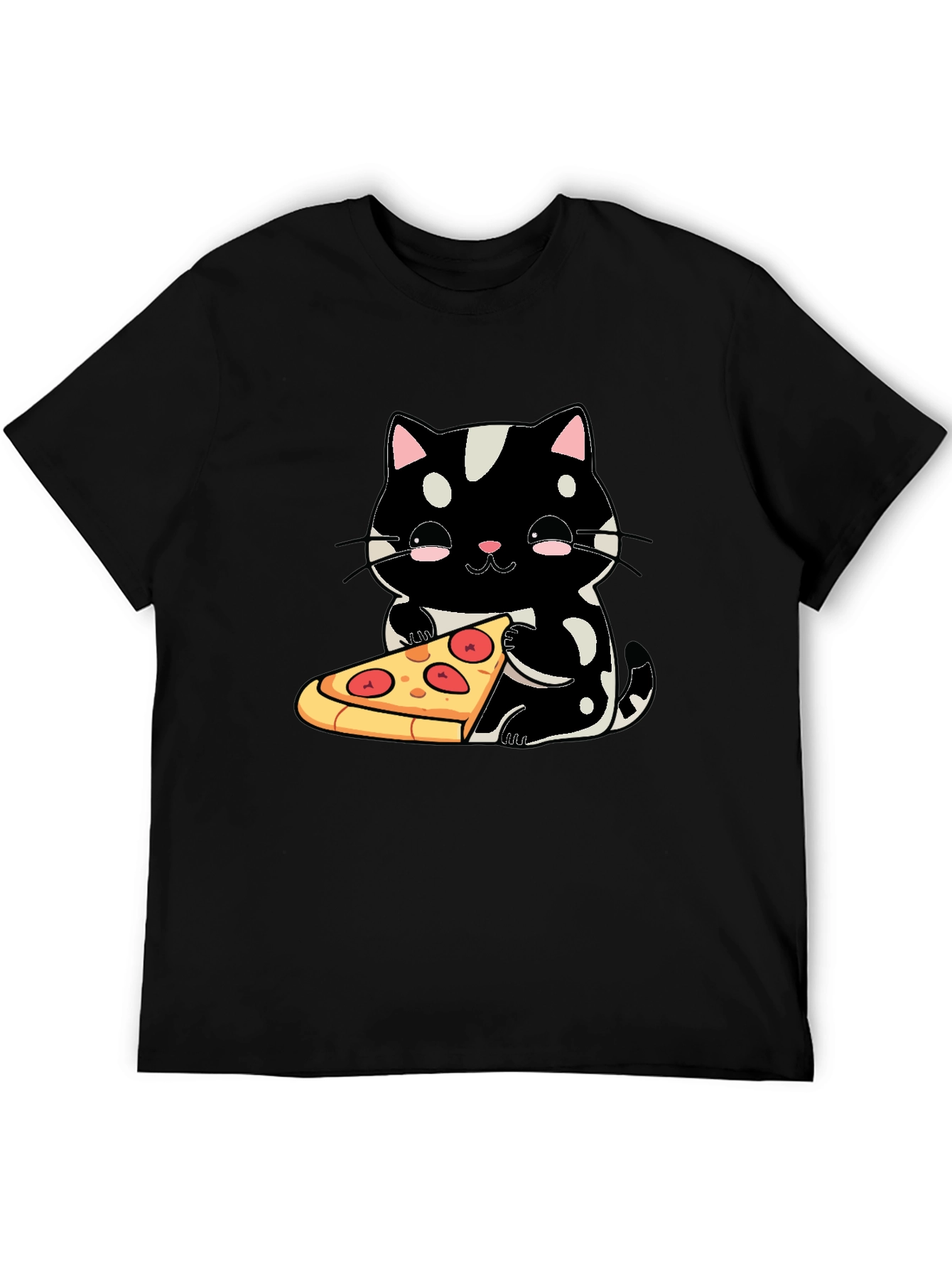Cute Cat Pizza Graphic Tee - Black Cotton T-Shirt