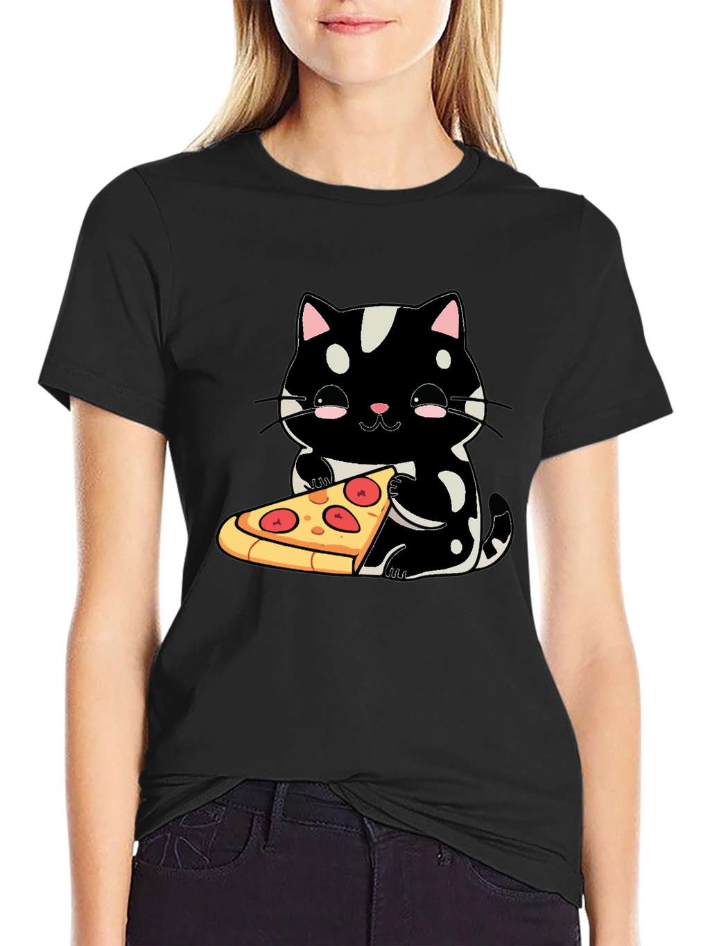 Cute Cat Pizza Graphic Tee - Black Cotton T-Shirt