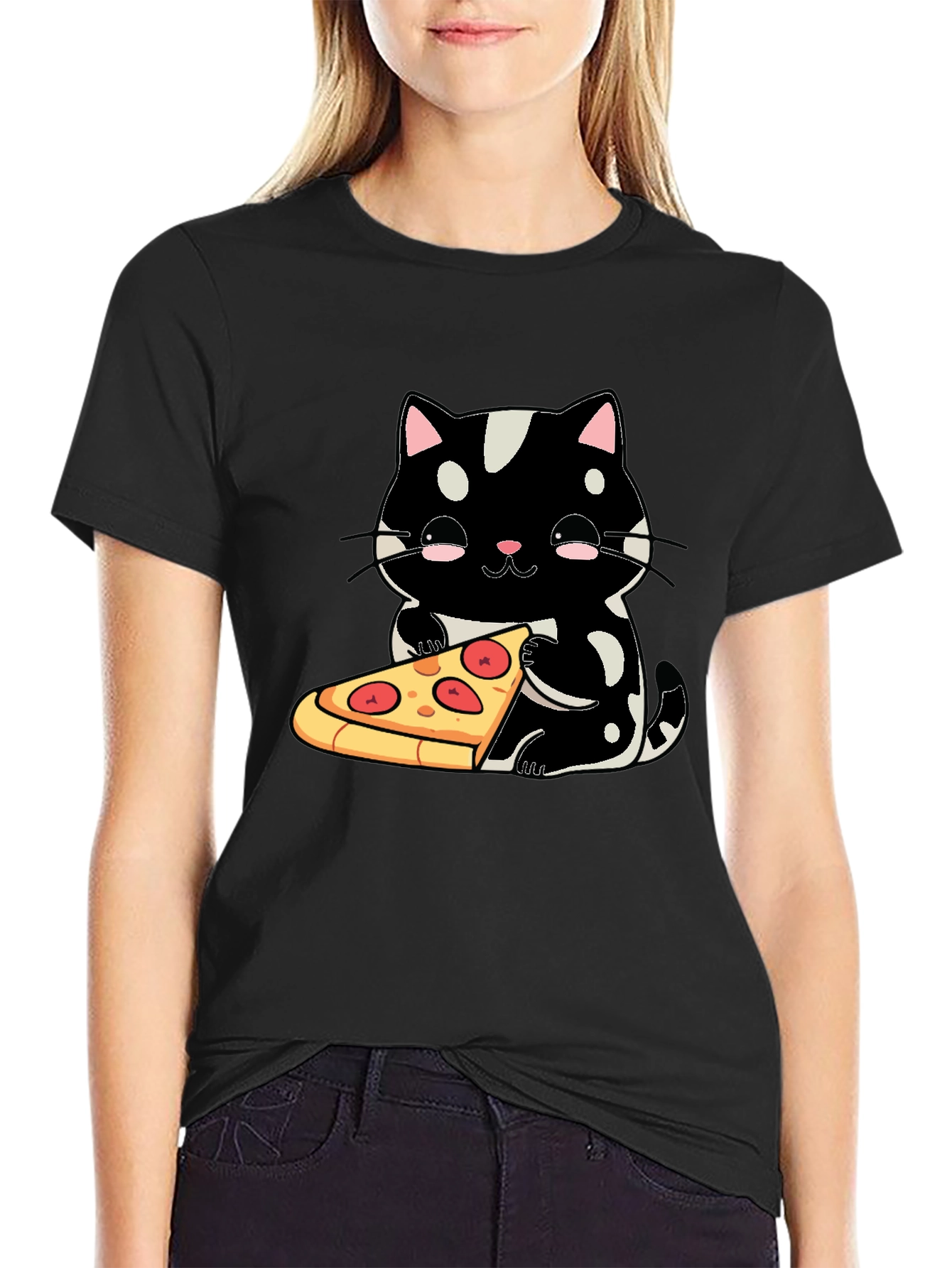 Cute Cat Pizza Graphic Tee - Black Cotton T-Shirt