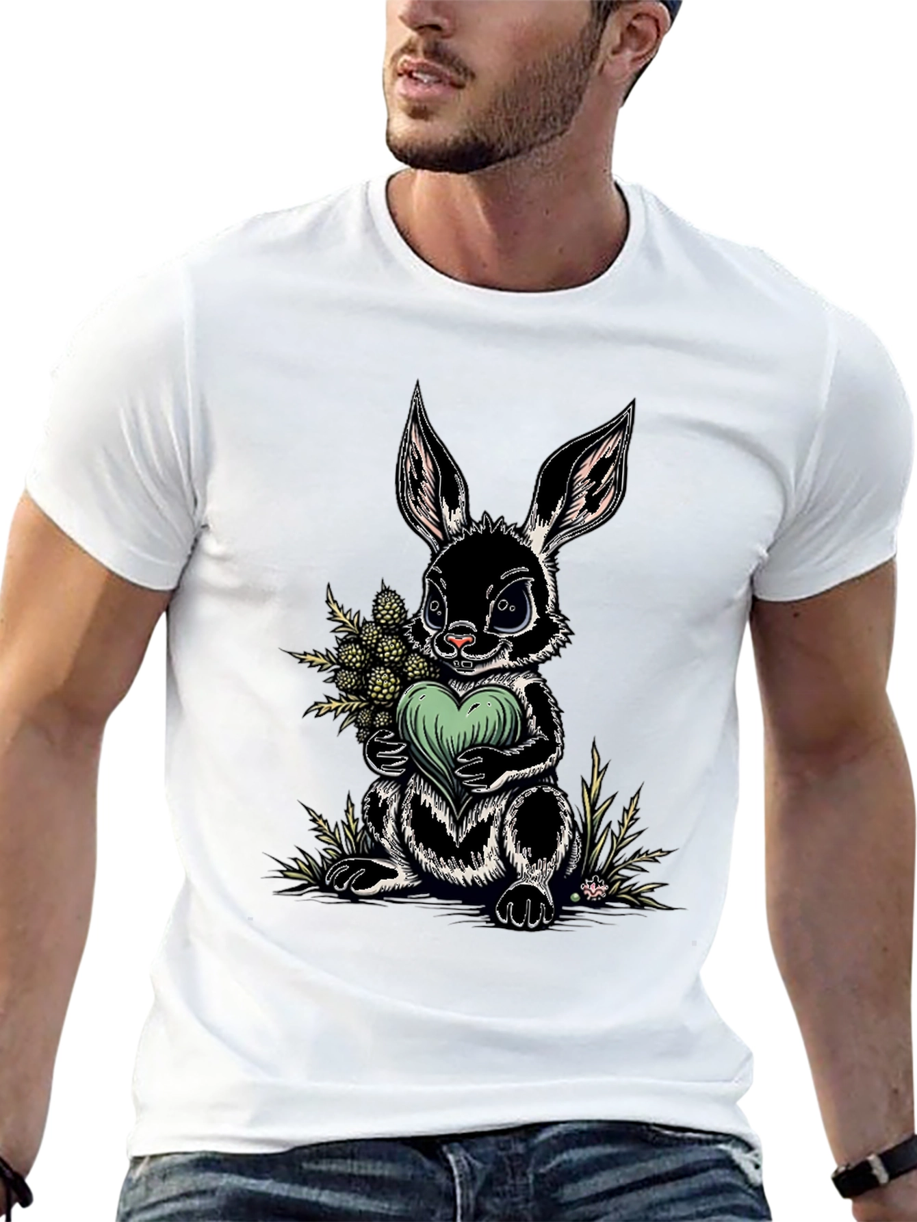 Rabbit Heart Graphic Tee - Soft Black Cotton