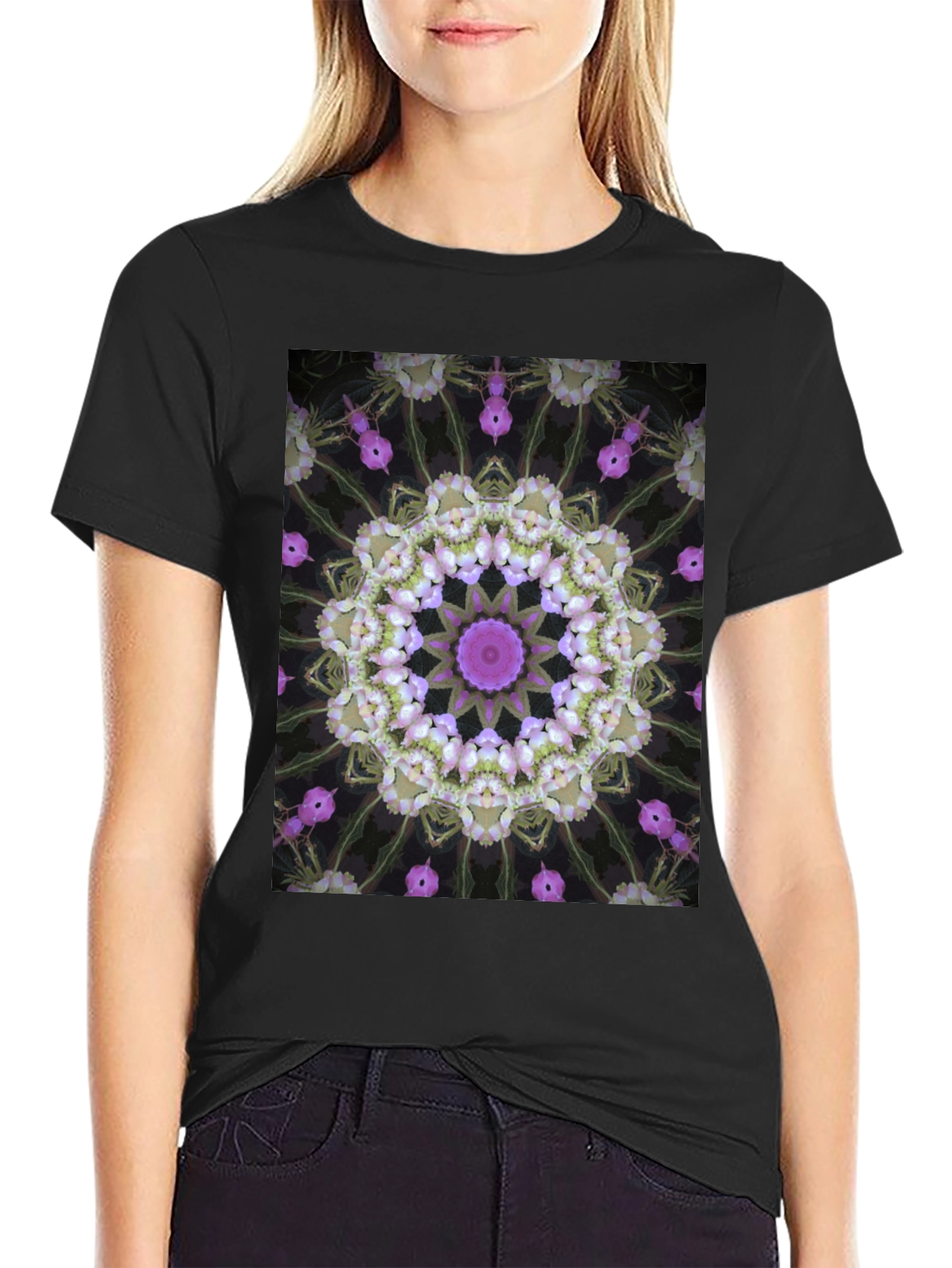 Floral Kaleidoscope Print Black T-Shirt