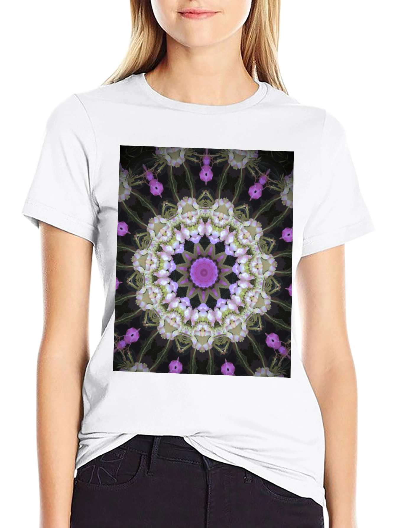 Floral Kaleidoscope Print Black T-Shirt