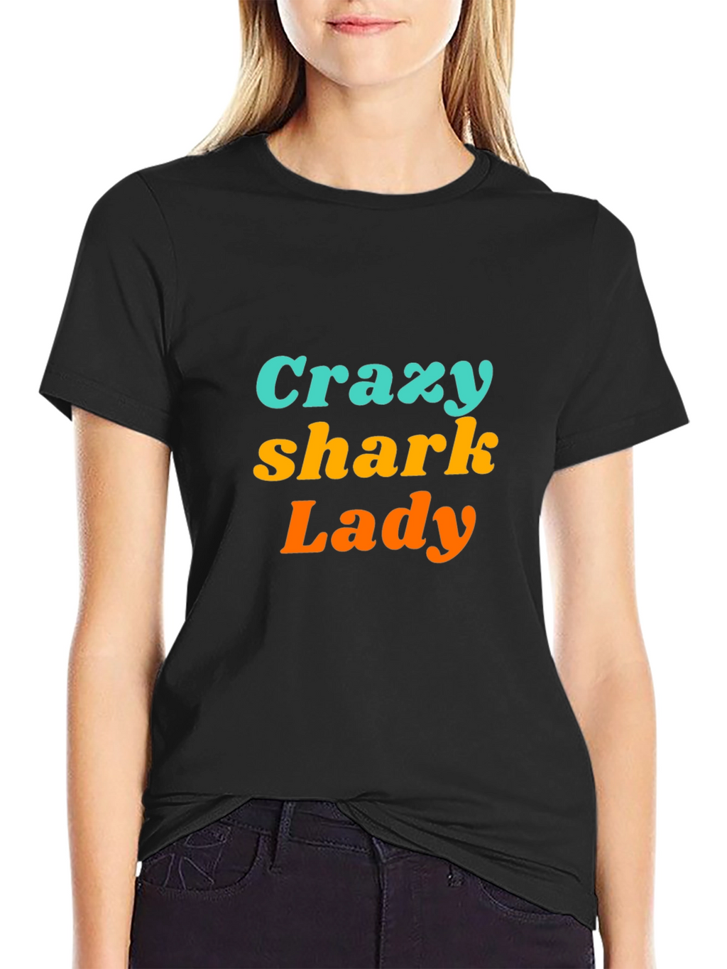 Crazy Shark Lady Black Graphic Tee