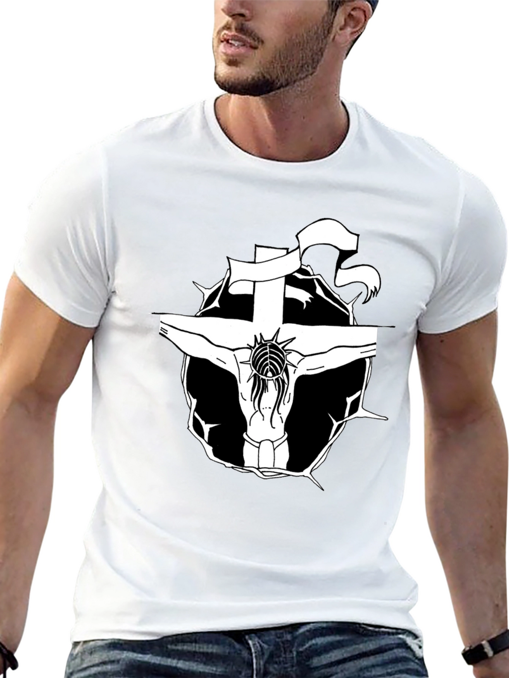 Black T-Shirt with Jesus on the Cross Graphic