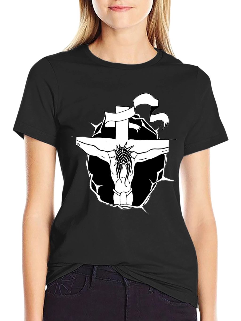 Black T-Shirt with Jesus on the Cross Graphic