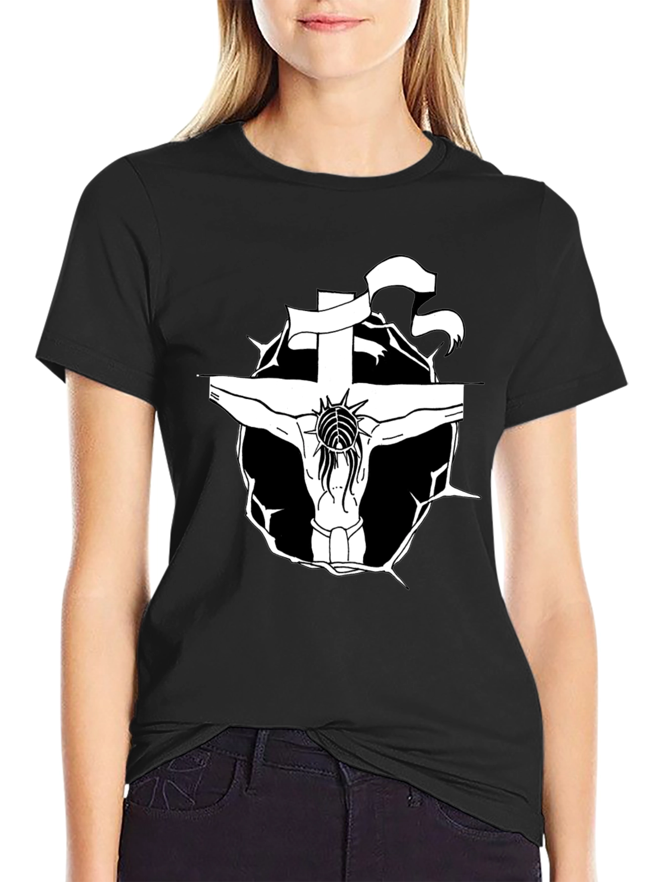 Black T-Shirt with Jesus on the Cross Graphic