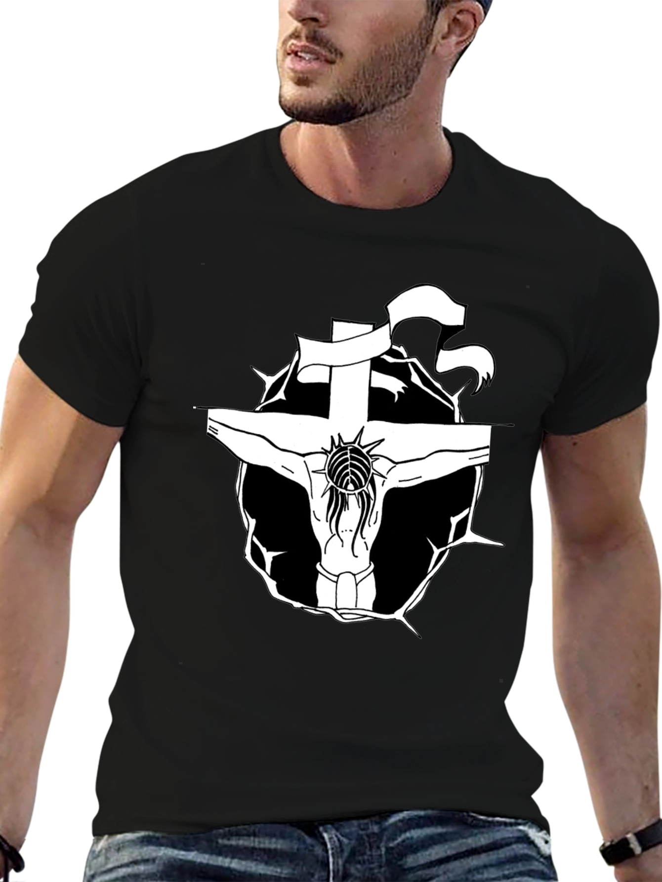 Black T-Shirt with Jesus on the Cross Graphic