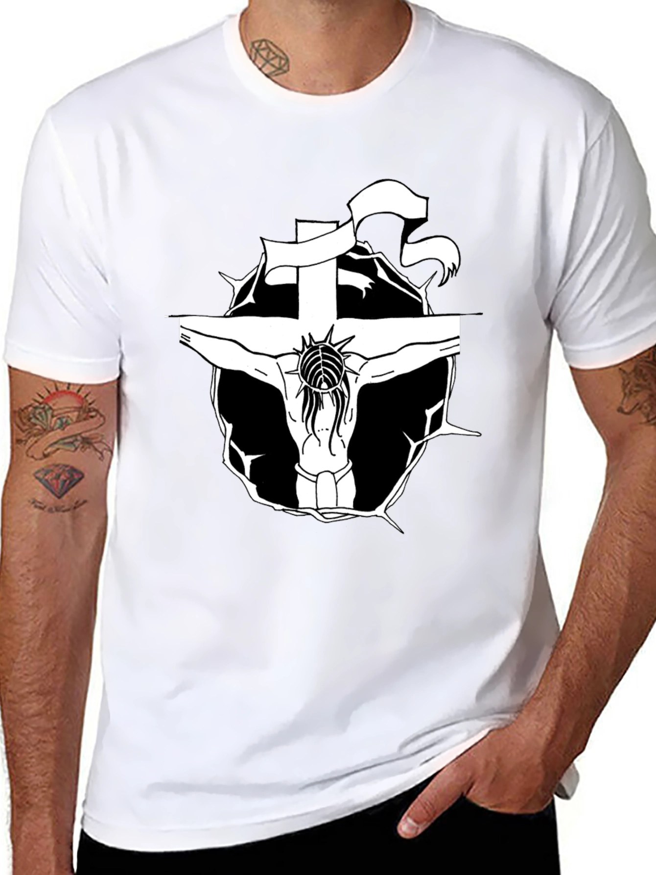 Black T-Shirt with Jesus on the Cross Graphic
