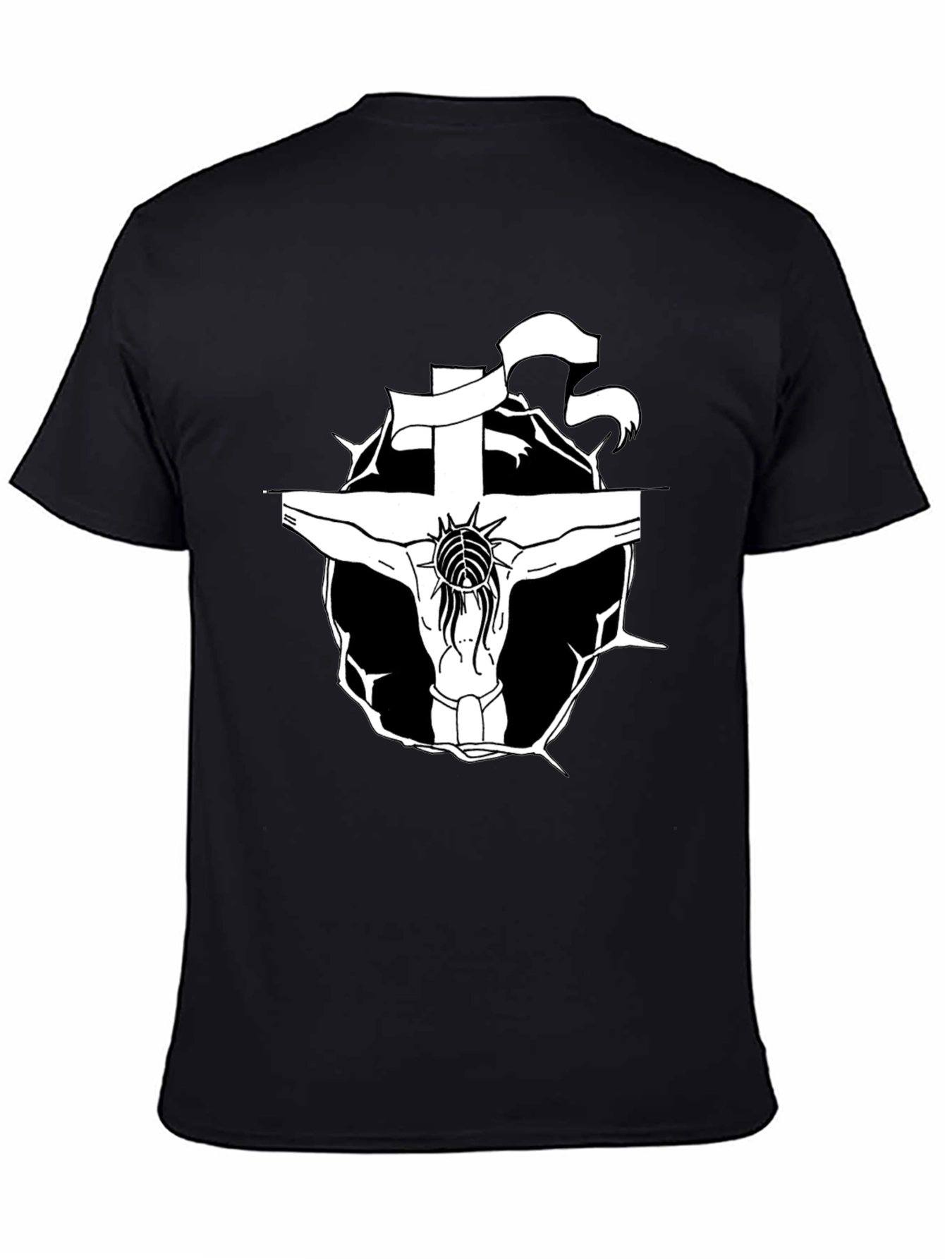 Black T-Shirt with Jesus on the Cross Graphic