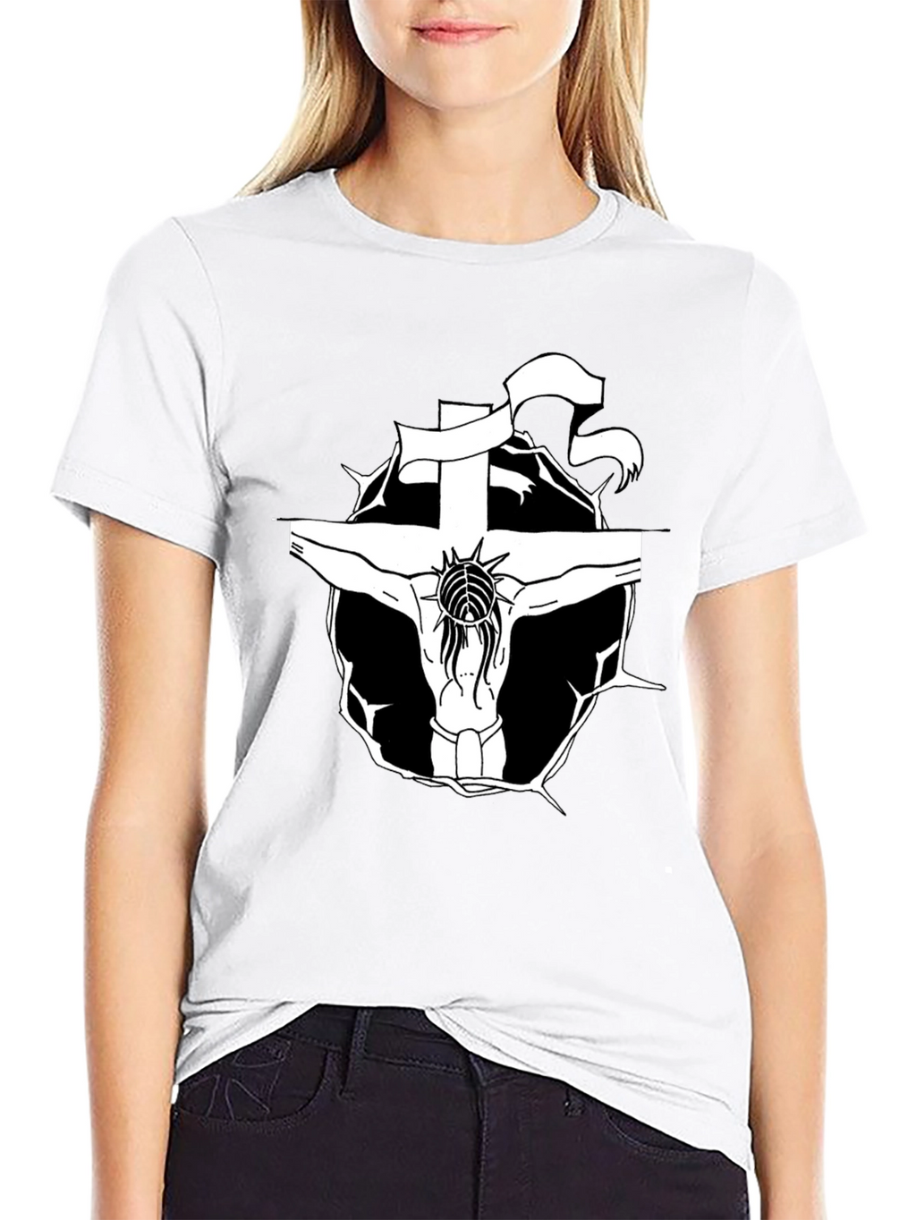 Black T-Shirt with Jesus on the Cross Graphic