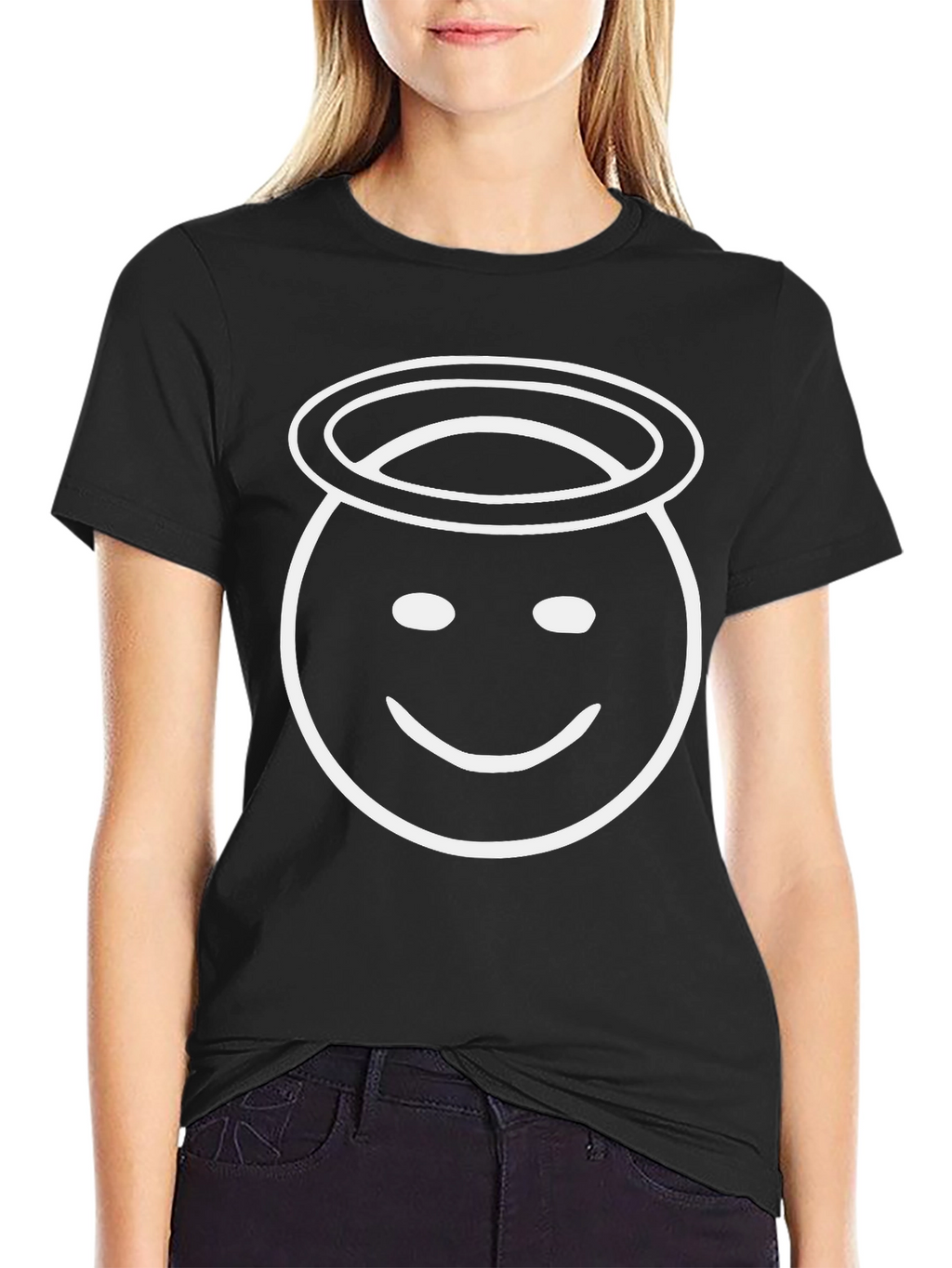 Angel Emoji Black T-Shirt - Classic Crew Neck