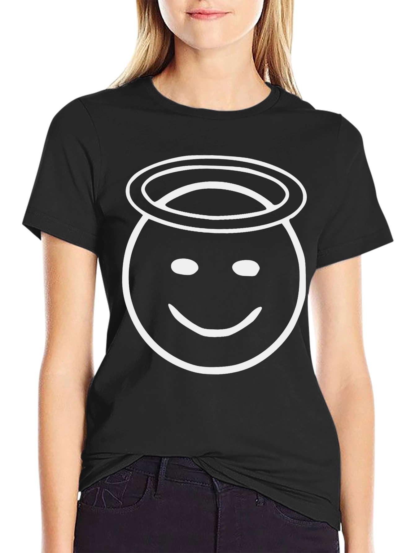 Angel Emoji Black T-Shirt - Classic Crew Neck