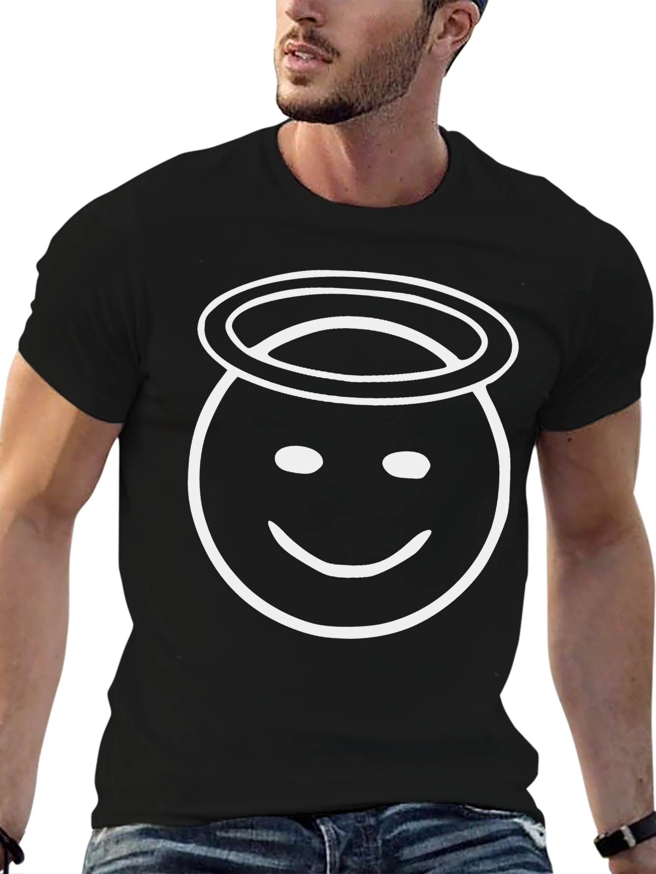Angel Emoji Black T-Shirt - Classic Crew Neck