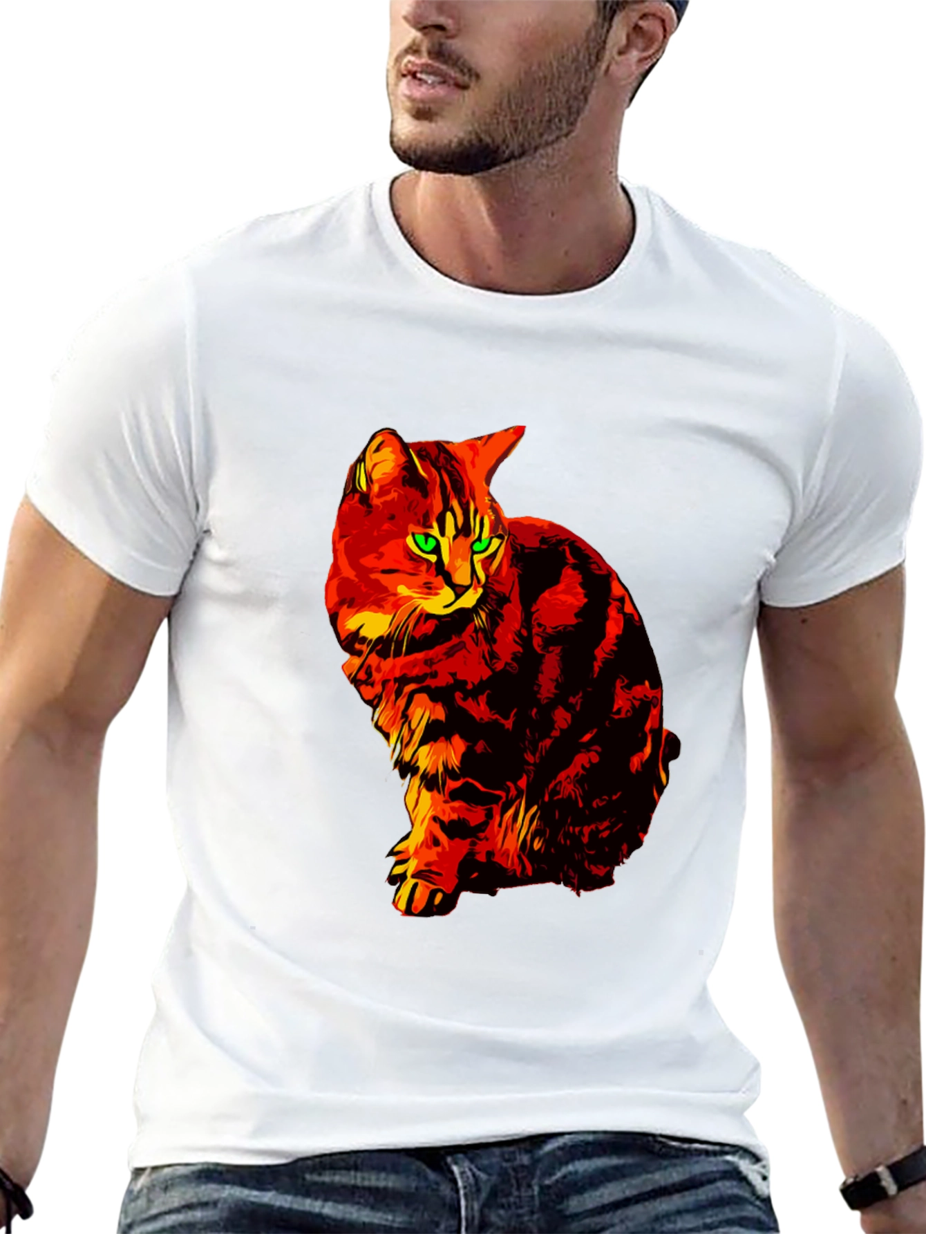 Fiery Cat Graphic Tee - Black Cotton T-Shirt