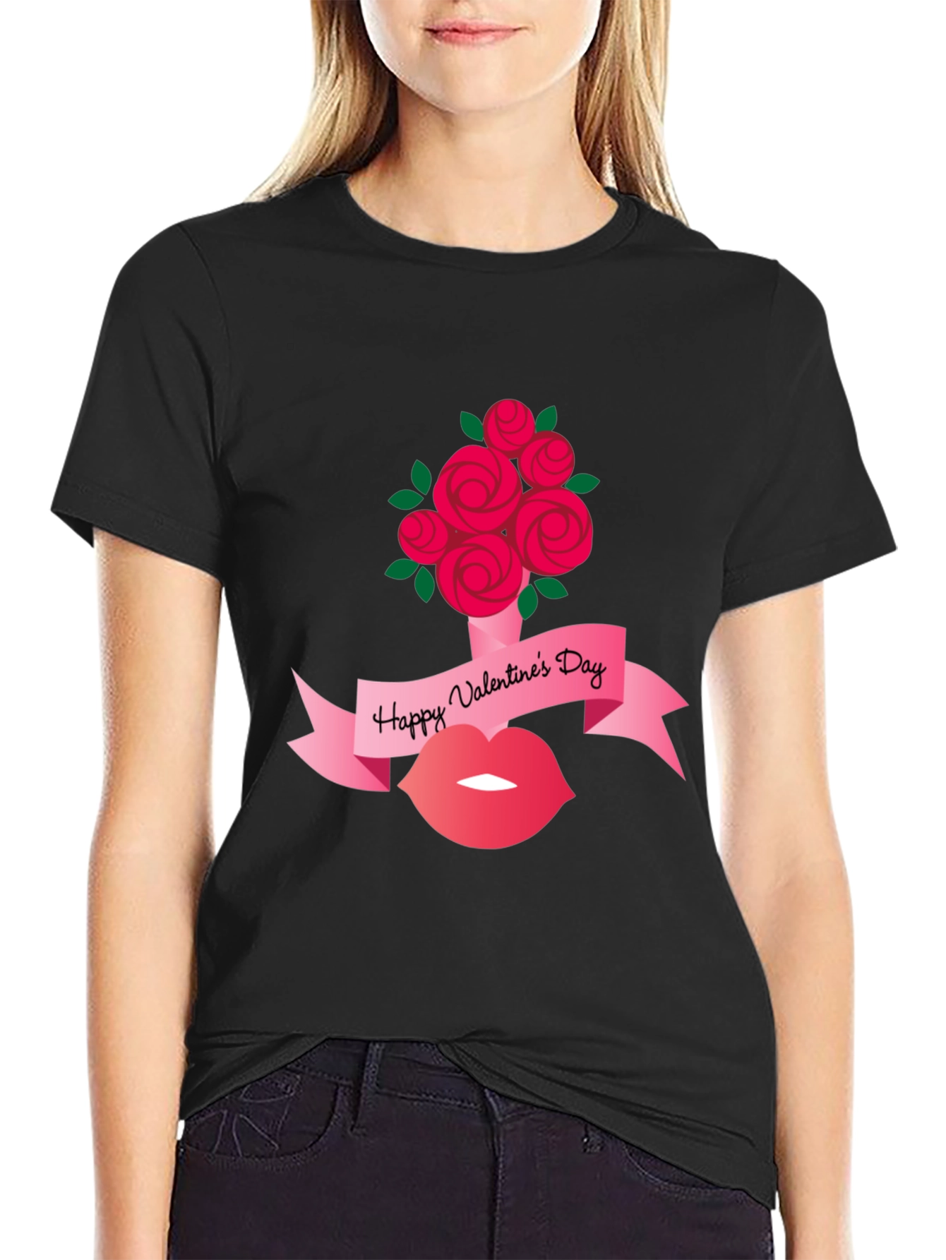 Valentines Day Roses and Lips Graphic Tee