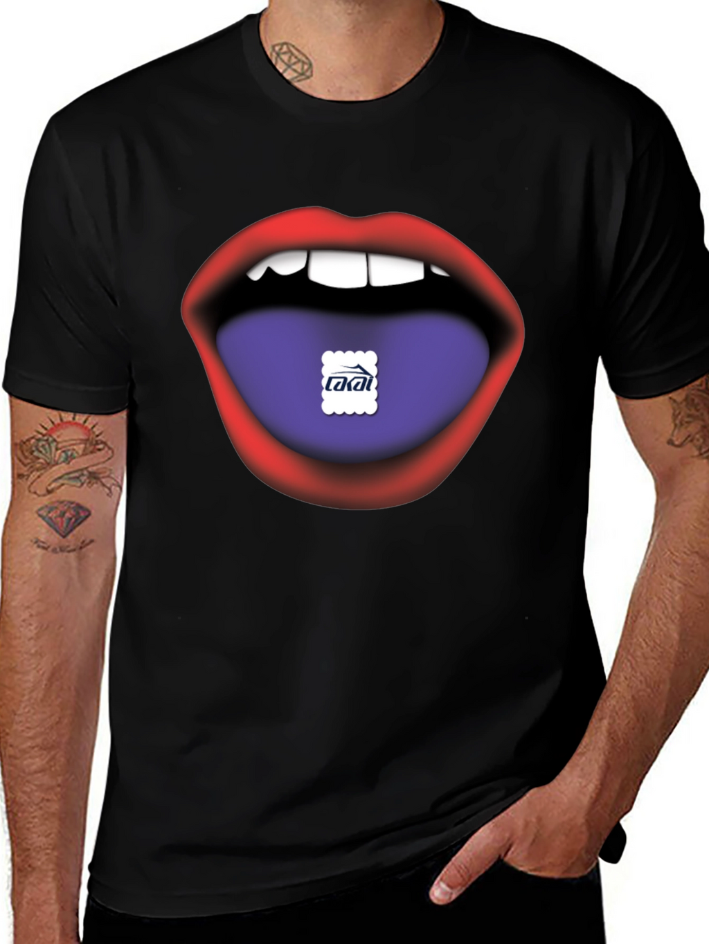 Lips Tongue Graphic Print Mens Black T-Shirt