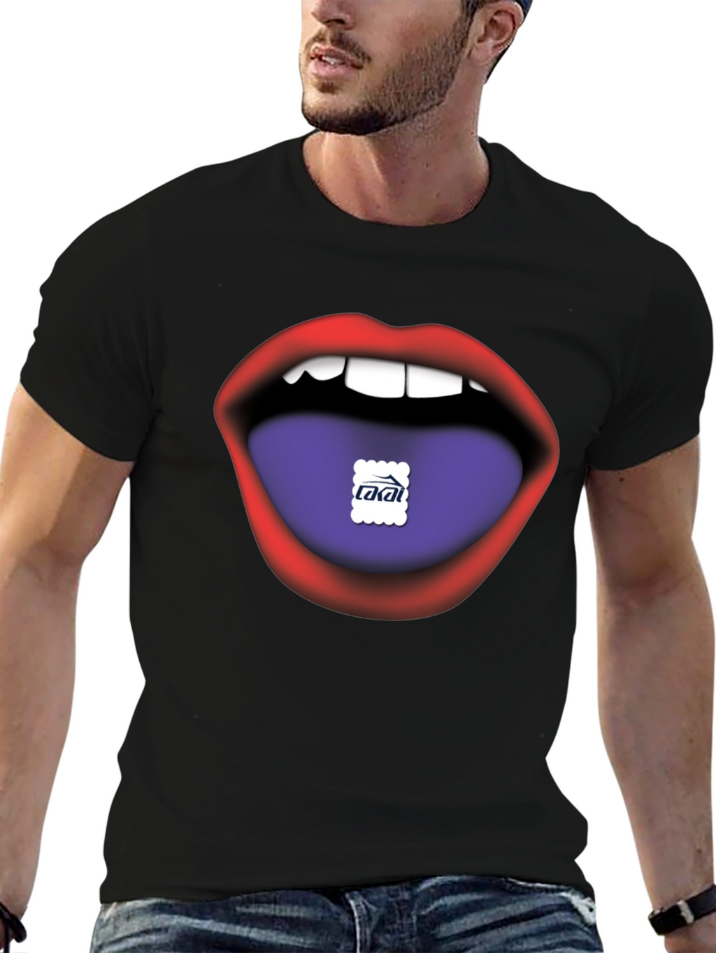 Lips Tongue Graphic Print Mens Black T-Shirt