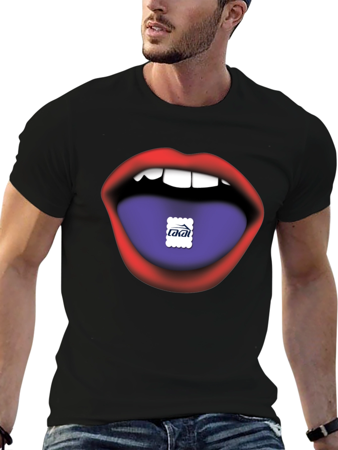 Lips Tongue Graphic Print Mens Black T-Shirt