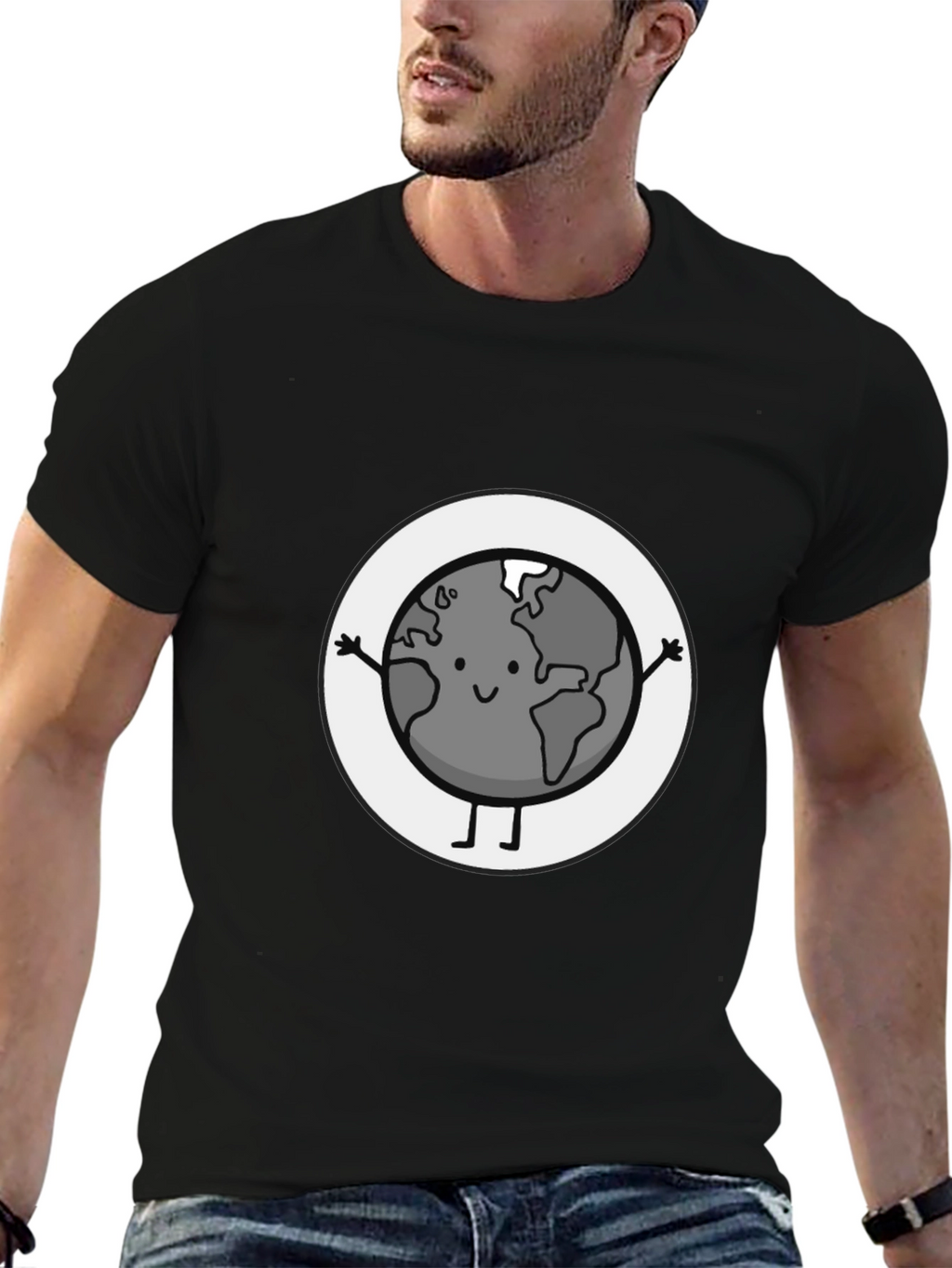 Earth Character Graphic Tee - Black Casual T-Shirt