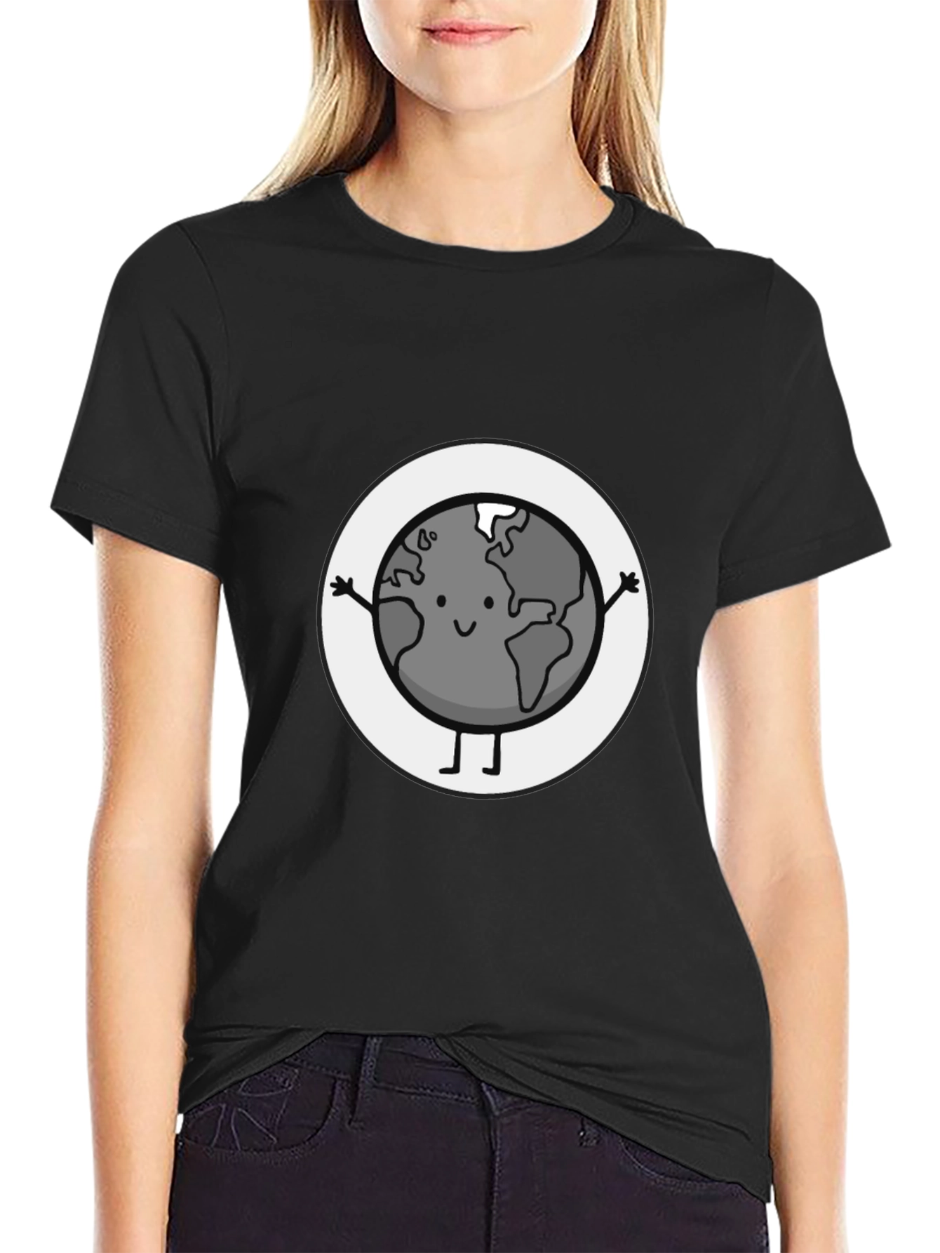 Earth Character Graphic Tee - Black Casual T-Shirt