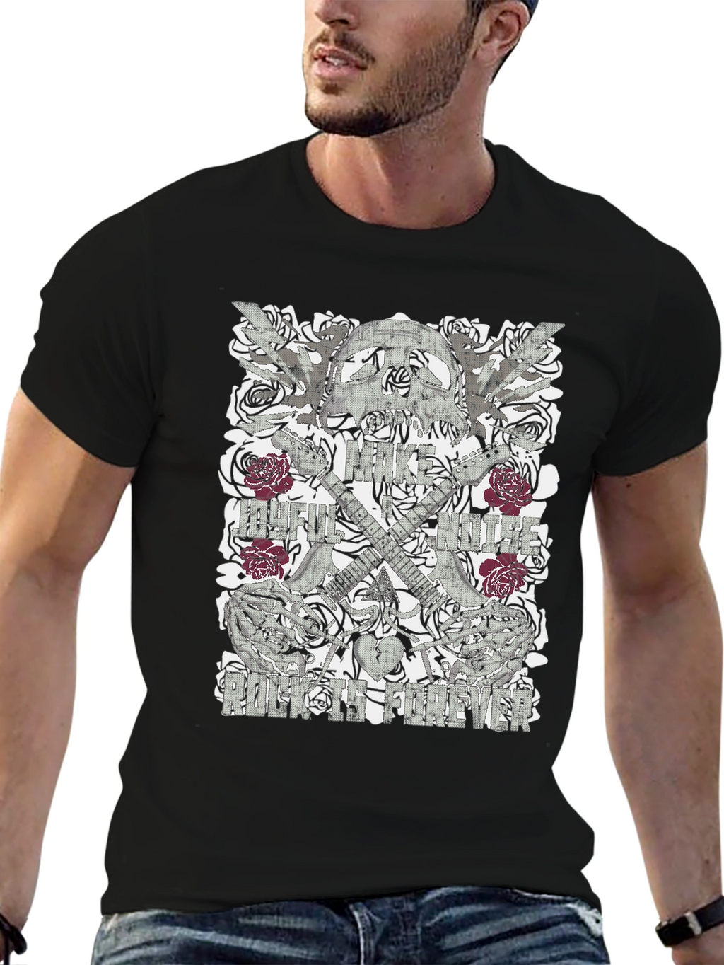 Skull & Roses Graphic Print Mens Black T-Shirt