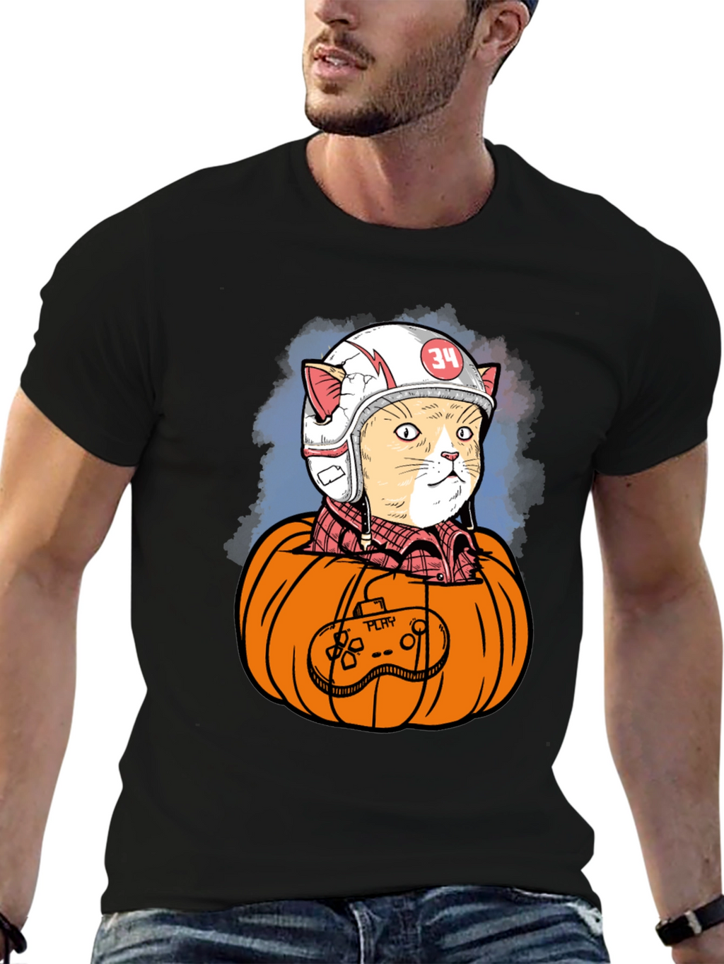 Cat Gamer in Pumpkin T-Shirt