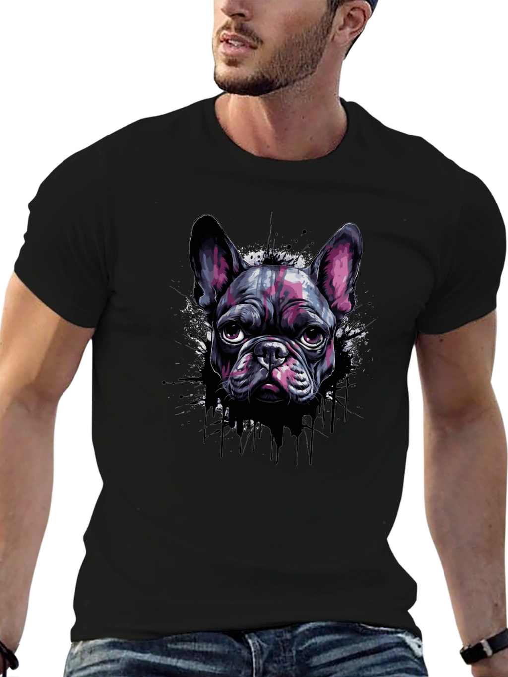 Cool French Bulldog Graphic Print Black T-Shirt