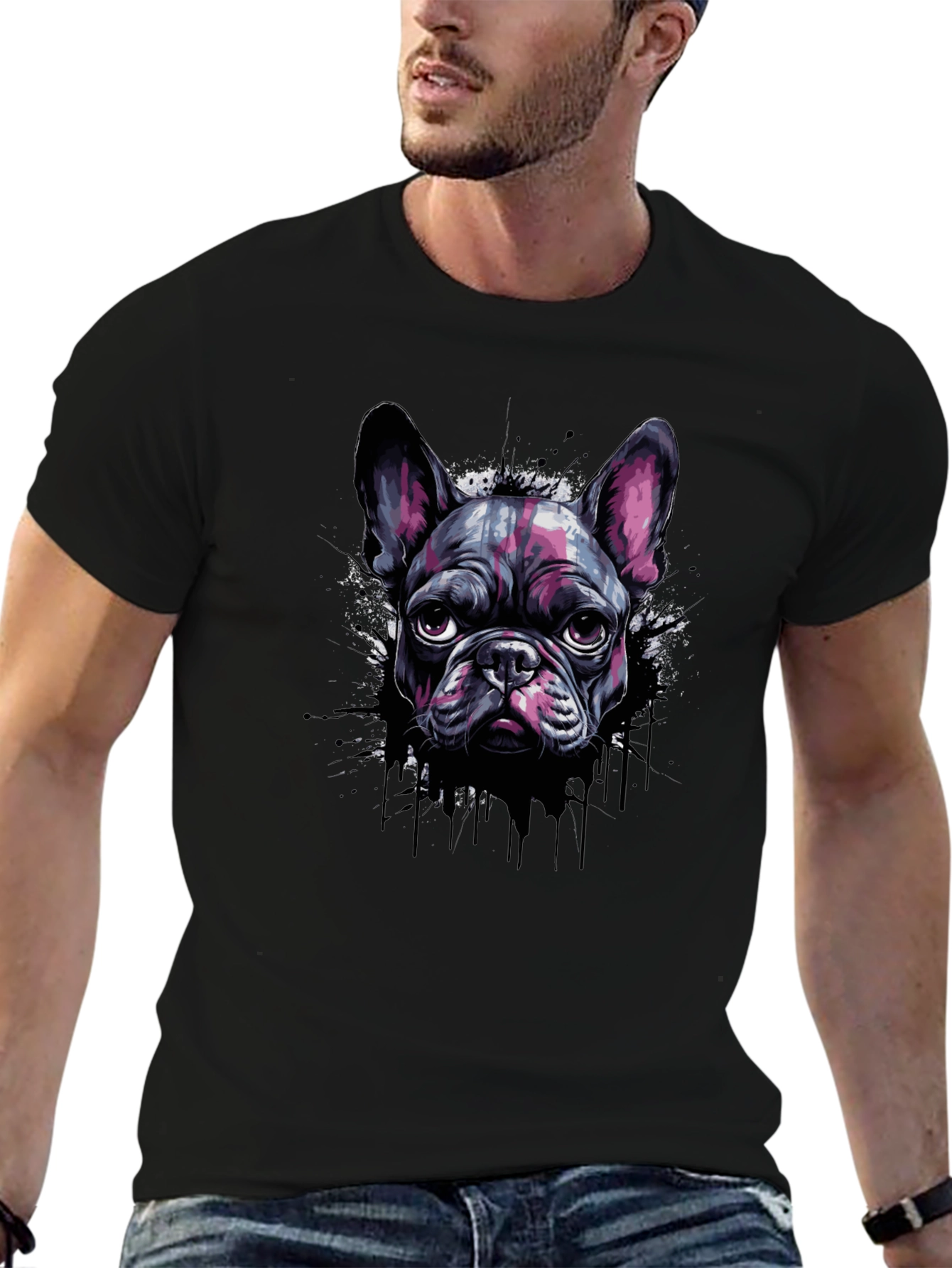 Cool French Bulldog Graphic Print Black T-Shirt