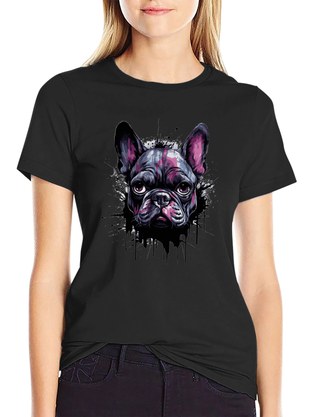 Cool French Bulldog Graphic Print Black T-Shirt