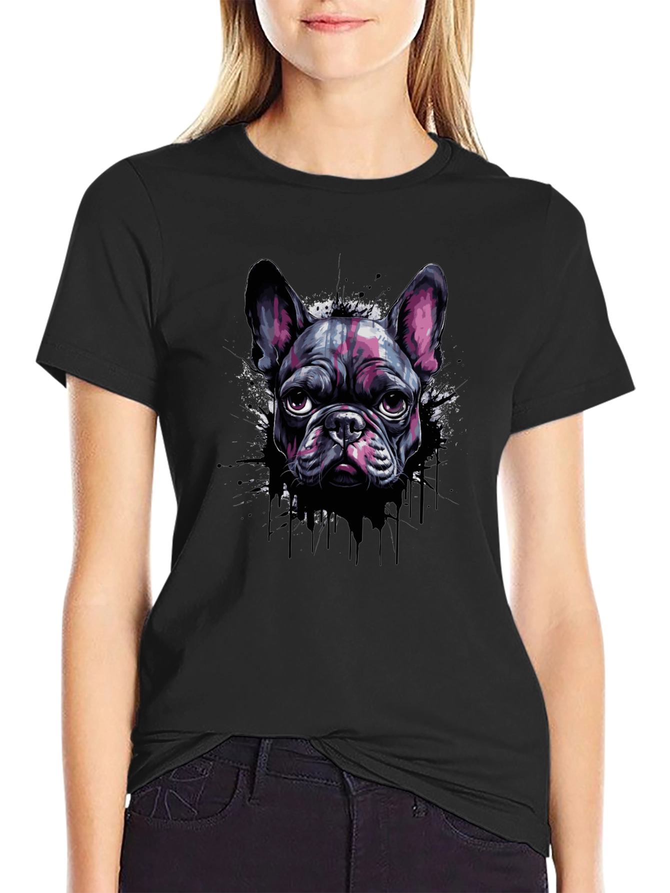 Cool French Bulldog Graphic Print Black T-Shirt