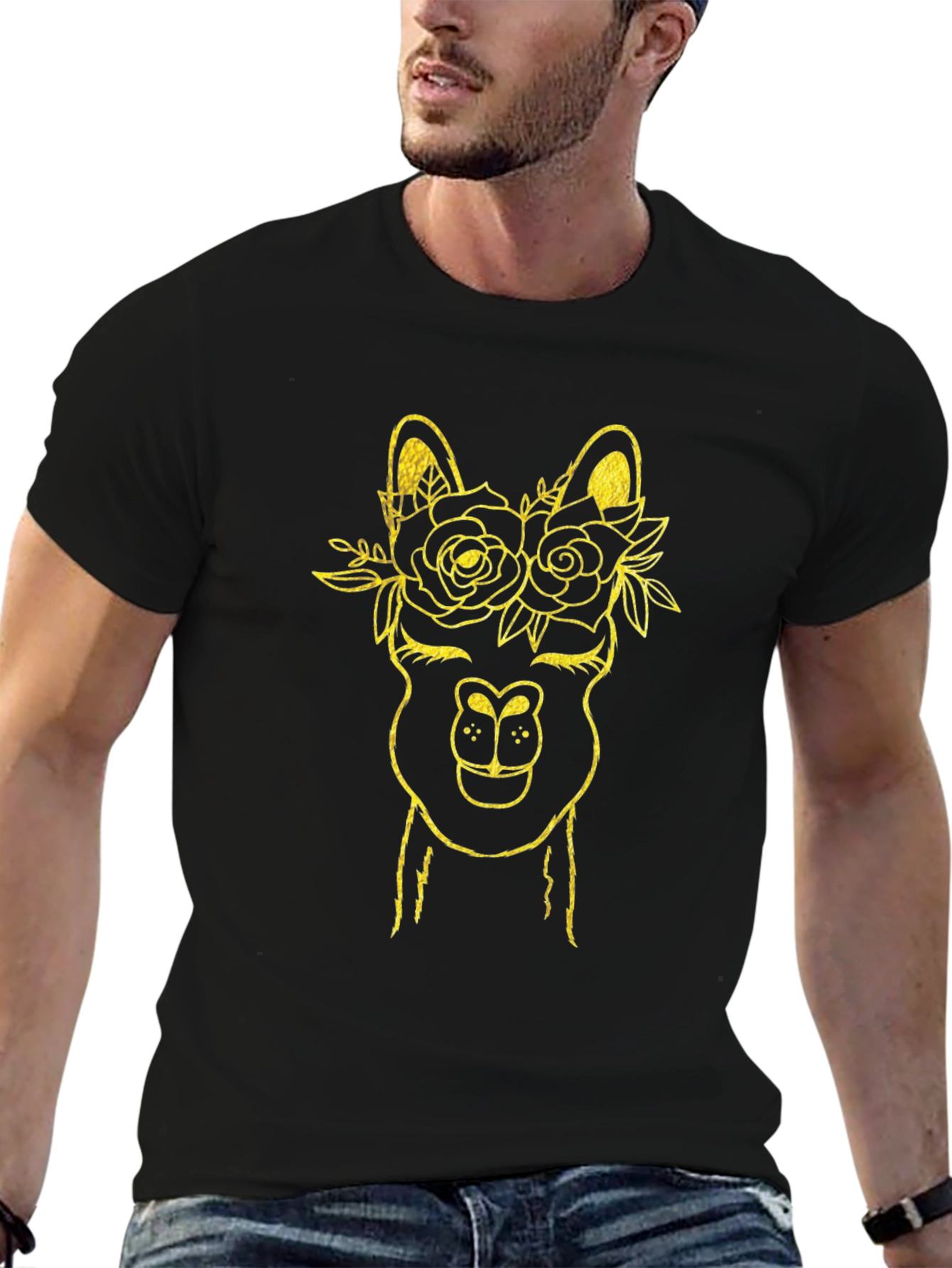 Llama Flower Crown Graphic Tee - Black Cotton T-Shirt
