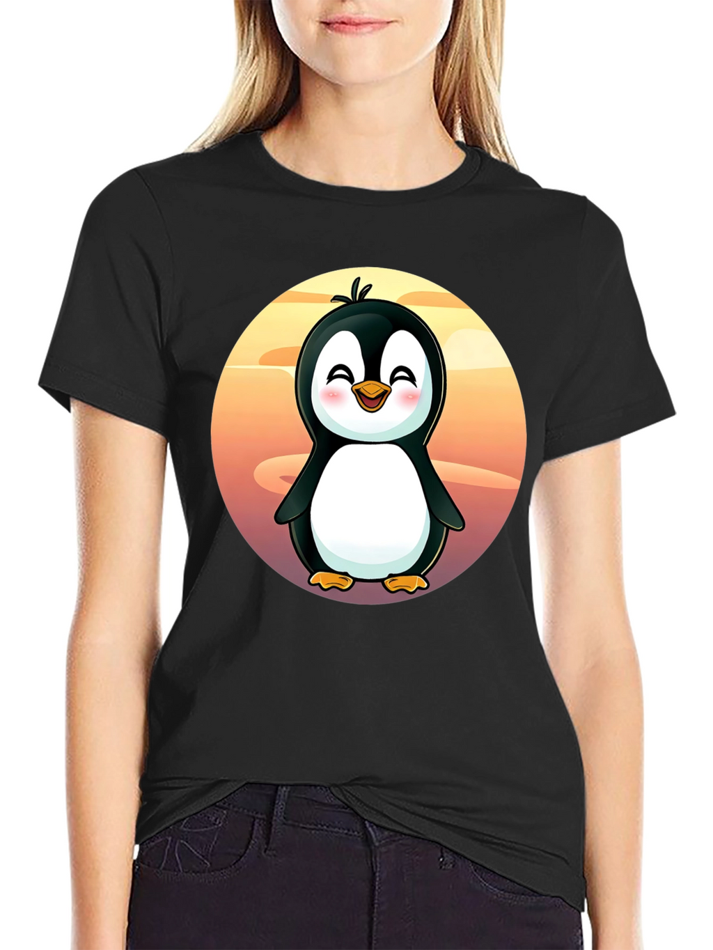 Cute Penguin Graphic Tee - Black Cotton Shirt