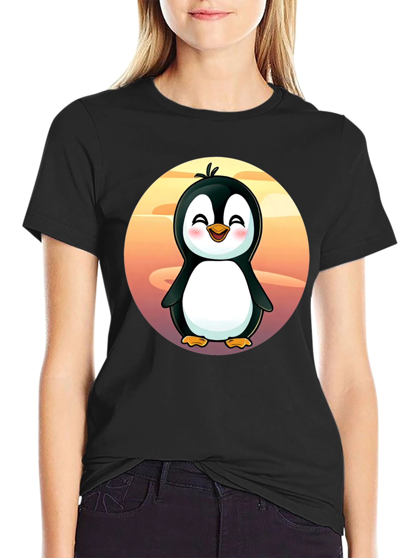 Cute Penguin Graphic Tee - Black Cotton Shirt
