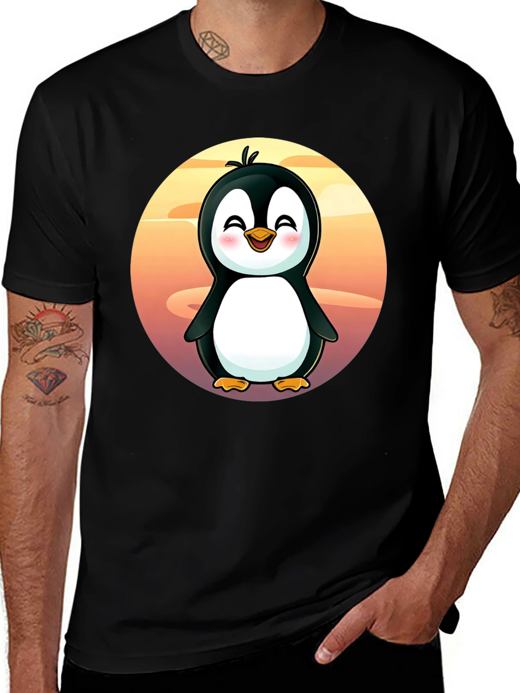 Cute Penguin Graphic Tee - Black Cotton Shirt