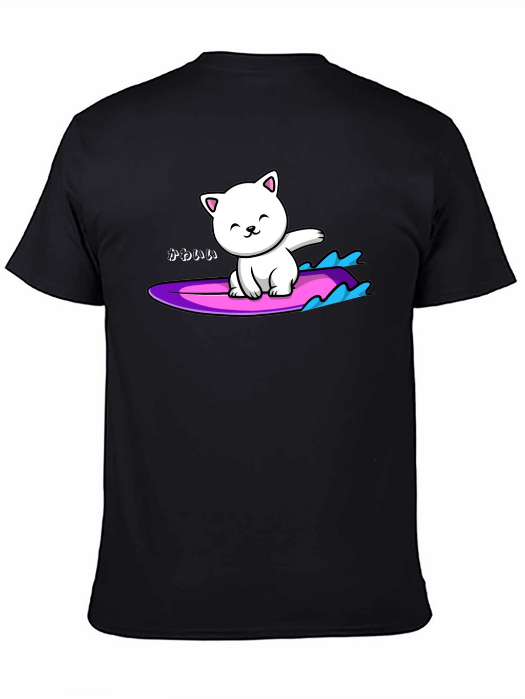 Kawaii Cat Surfing Graphic Tee - Black