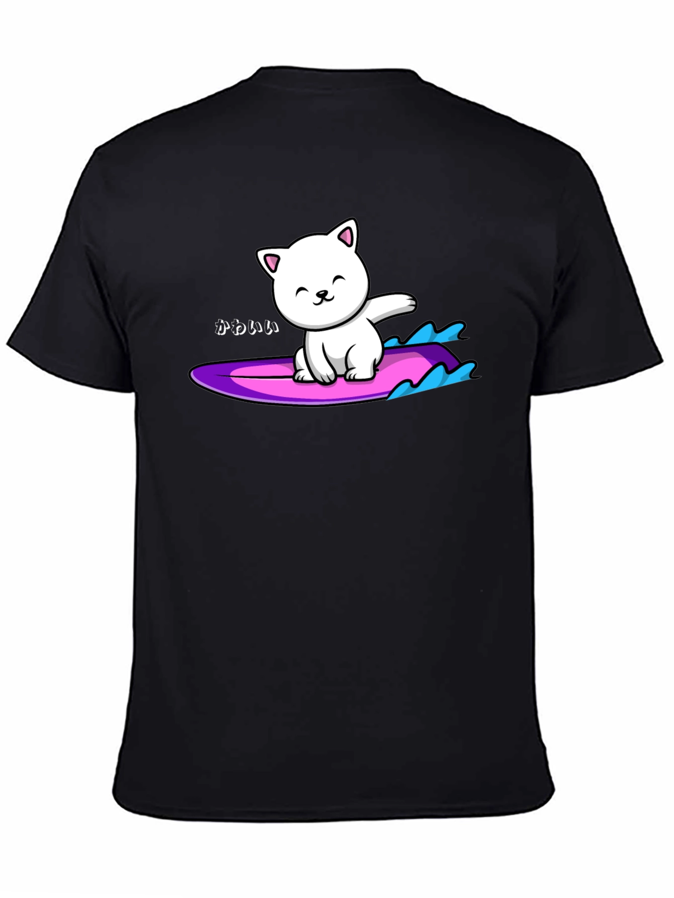 Kawaii Cat Surfing Graphic Tee - Black