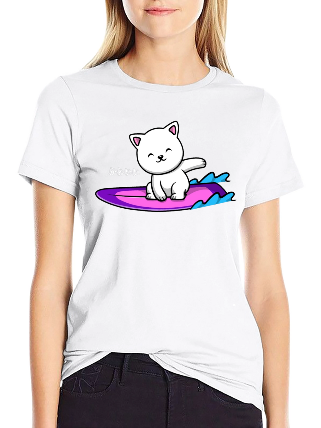 Kawaii Cat Surfing Graphic Tee - Black
