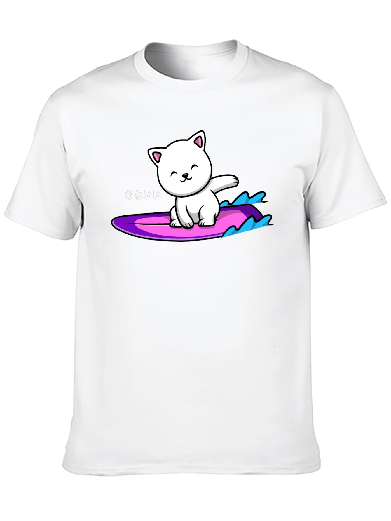Kawaii Cat Surfing Graphic Tee - Black